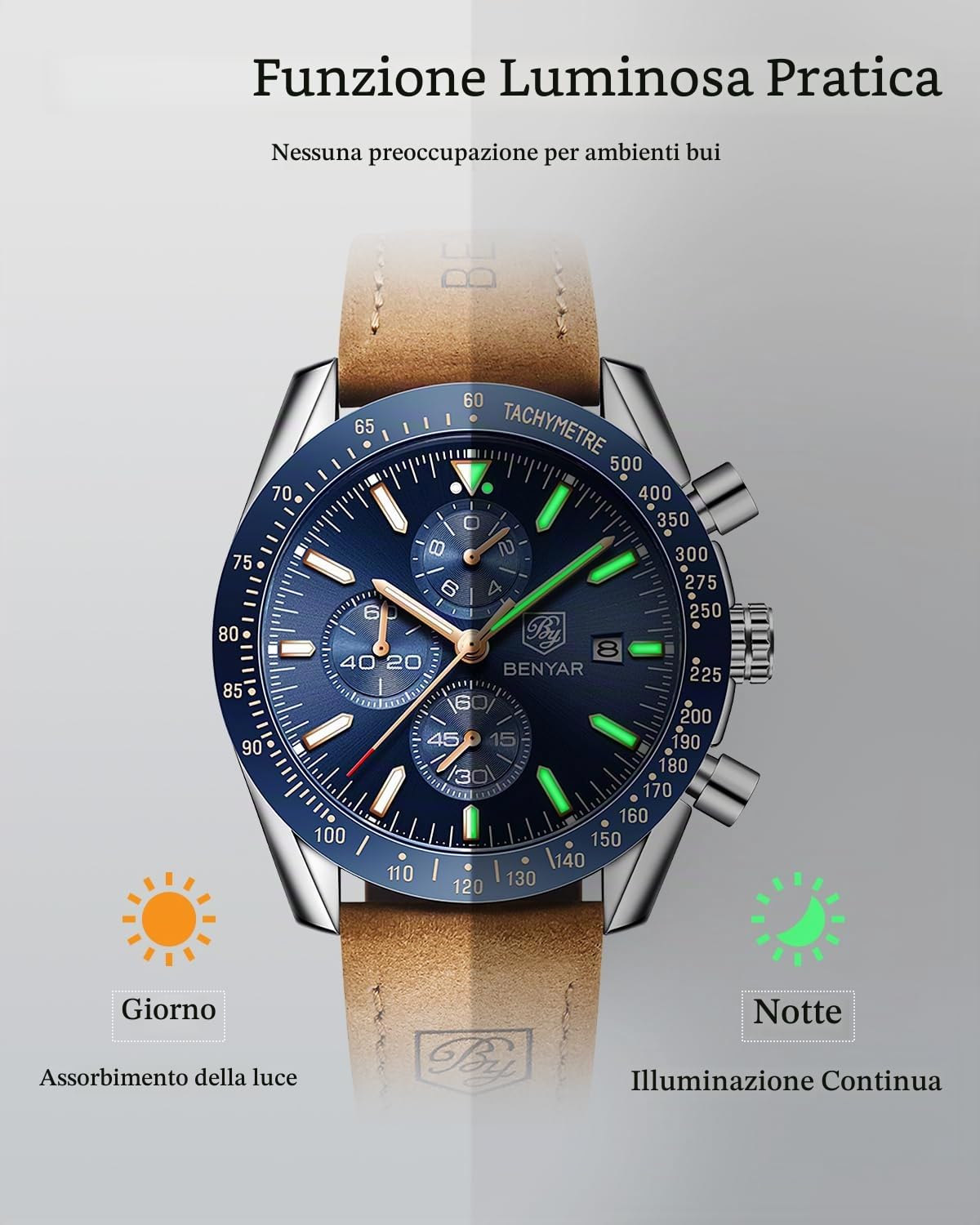 BENYAR BY Orologi Uomo Cronografo Movimento al Quarzo Orologio Elegante Sportivo di Moda Business orologi uomo 30 M Impermeabile e Antigraffio Regalo da Uomo