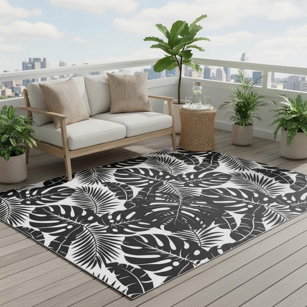 Vintage Abstract Aesthetics Black and White Rug 3x5 Monstera Palm Tree Tropical Rugs for Living Room Patio Porch Deck Camping Front Yard Outdoor Rug Non Shedding Easy Clean Balcony Carpets