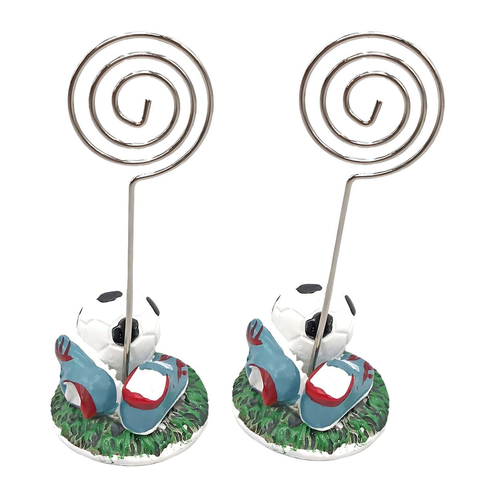 Jazuaiao 2Pcs Sports Theme Card Holder Football Shape Metal Note Memo Photo Display Stand with Resin Base for Wedding Birthday Football Cleat Name Card Owner