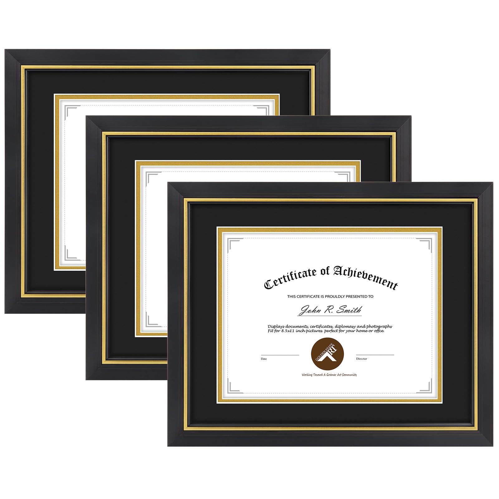 11x14 Diploma Frame Black Gold Trim Fit 8.5x11 with Black W Gold Double Mat