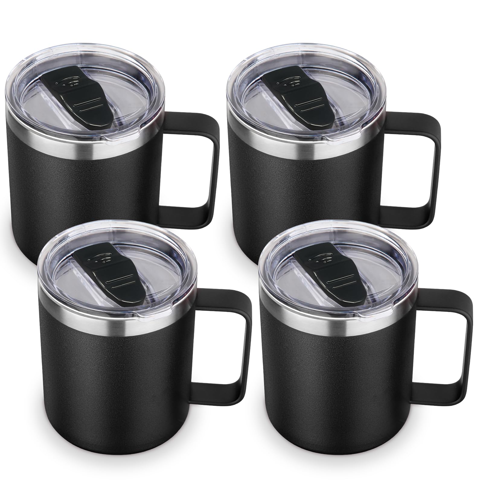Volhoply Lot de 4 tasses à café isothermes en acier inoxydable avec couvercle – Tasse à café de voyage à double paroi avec poignée – Gobelet isotherme réutilisable en métal pour le camping – Cadeau de