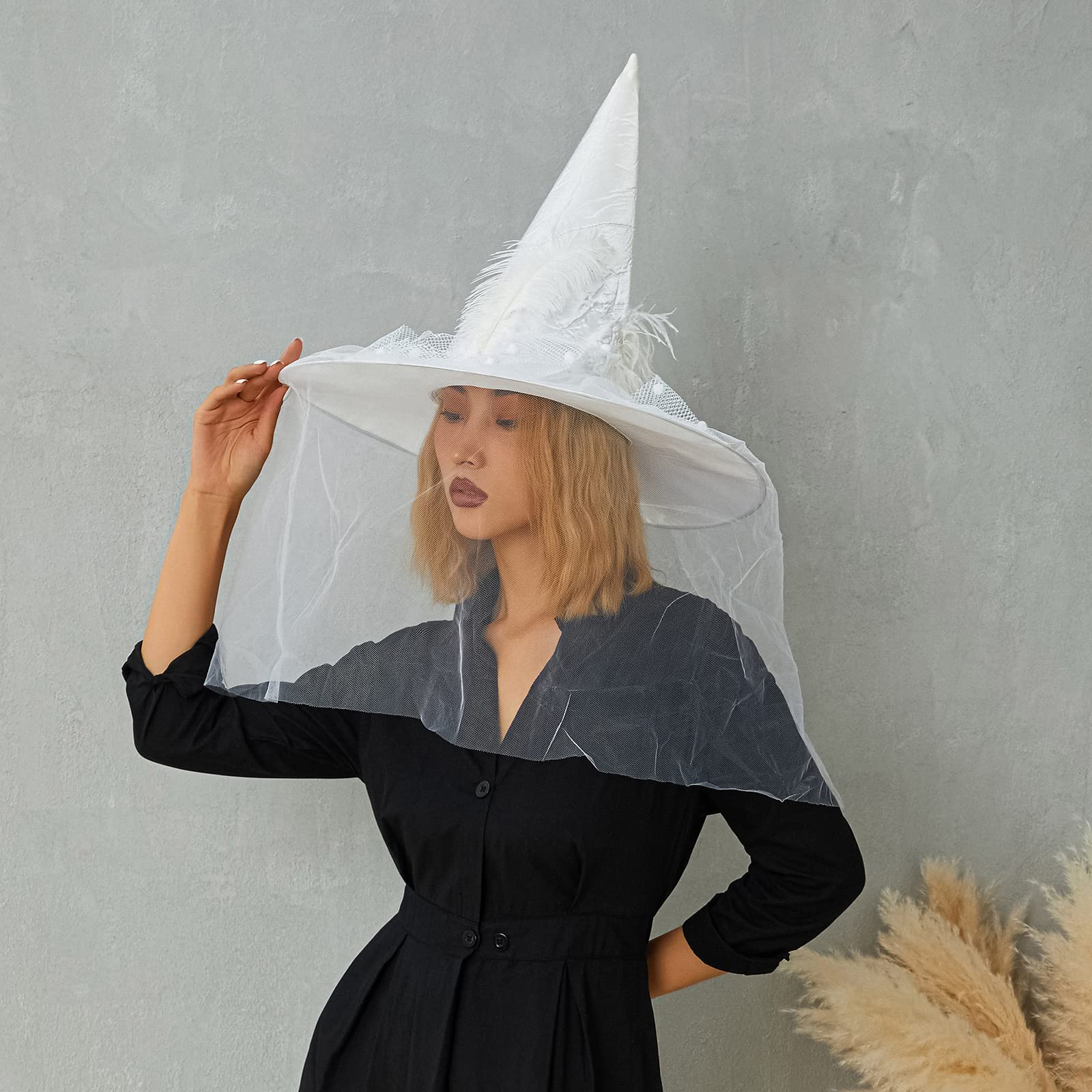 Halloween Deluxe Witch Hat Veils Spiders Feathers Felt Wizard Cap Women Men Wide Brim Pointed Hat Party Carnival Cosplay Costume (White, 1 Pcs)