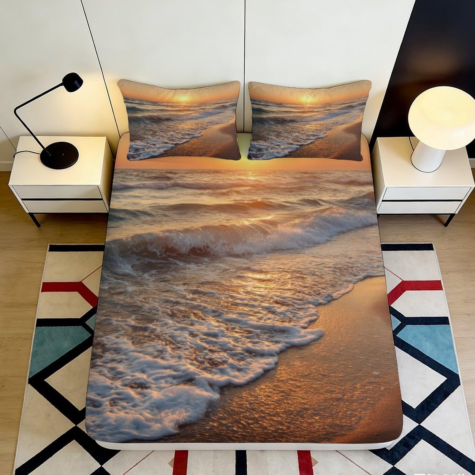 3D Printed Sunset Beach Fitted Sheet Microfiber Soft Sand Wave Mattress Cover for Bedroom Guest Room Decor 120x200cm 200x200x25cm