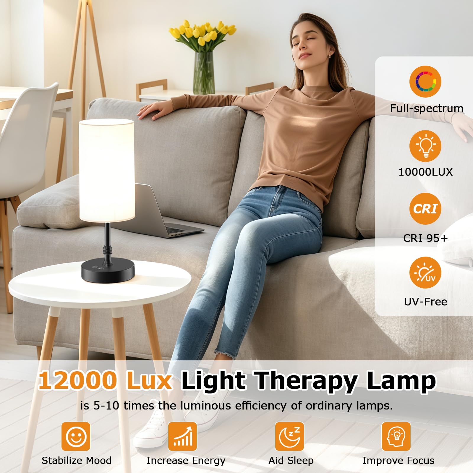 Lámpara de terapia de luz SAD 12000 Lux CRI95 espectro completo control remoto atenuación continua temporizador memoria 360° sin UV negro
