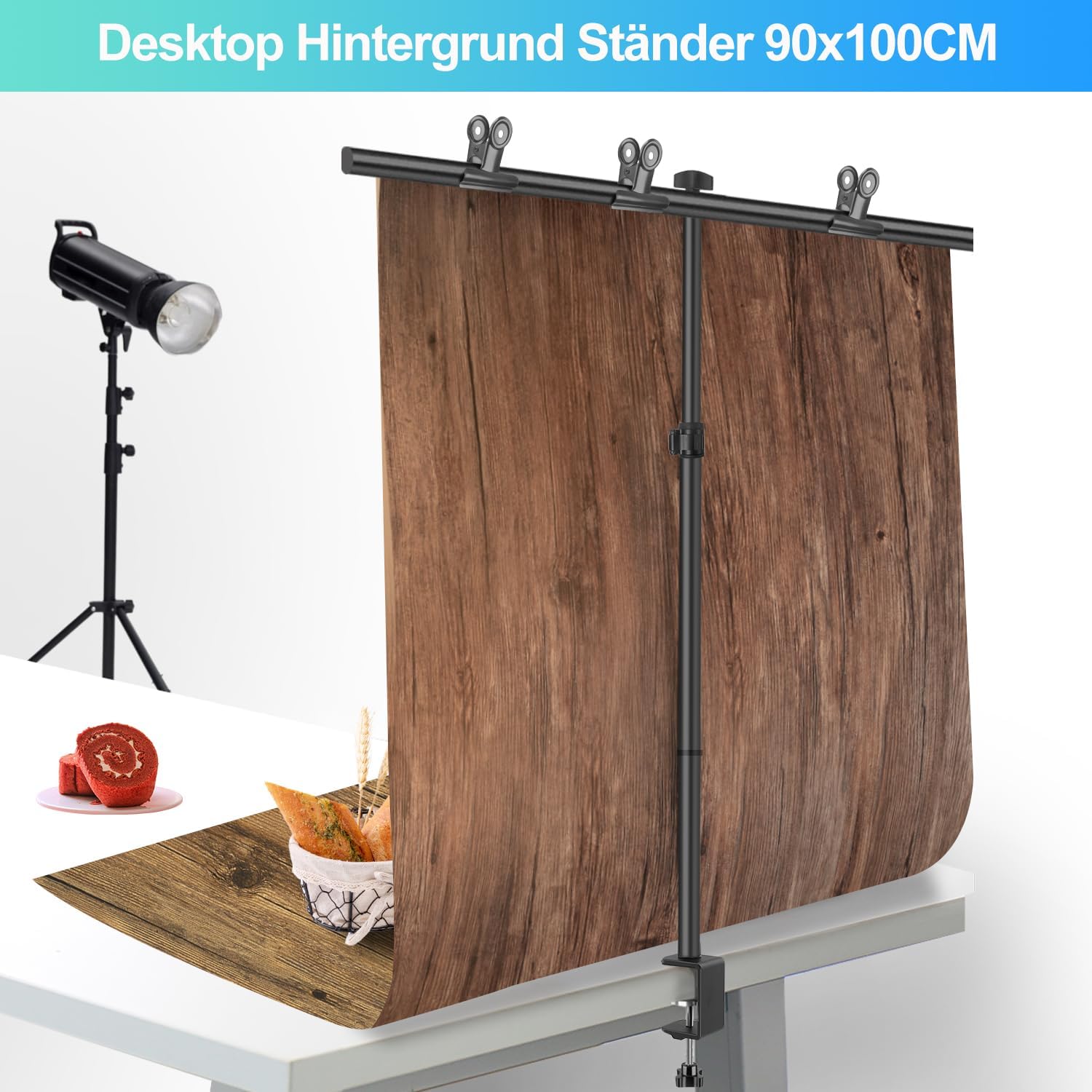 Supporto per Sfondo Desktop 90x100cm, 26-90cm Regolabile in altezza, Supporto per Fondale da Tavolo con morsetto a C, 3 Traverse e 3 Morsetti, per Fotografia di ritratto e Prodotto