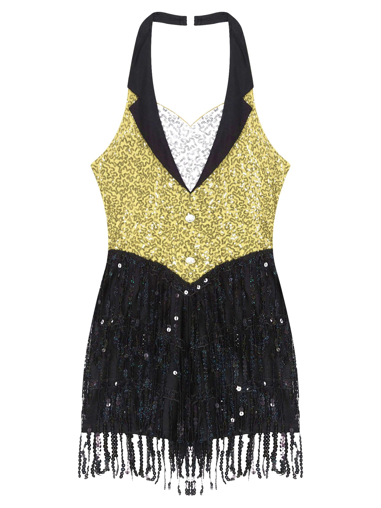 TTAO Damen ärmelloses Tanzkleid mit Fransen 80er 90er Jahre Tanz Trikot Pailletten Jazz Tanz Kostüm Musical Hip Hop Tanzkleidung