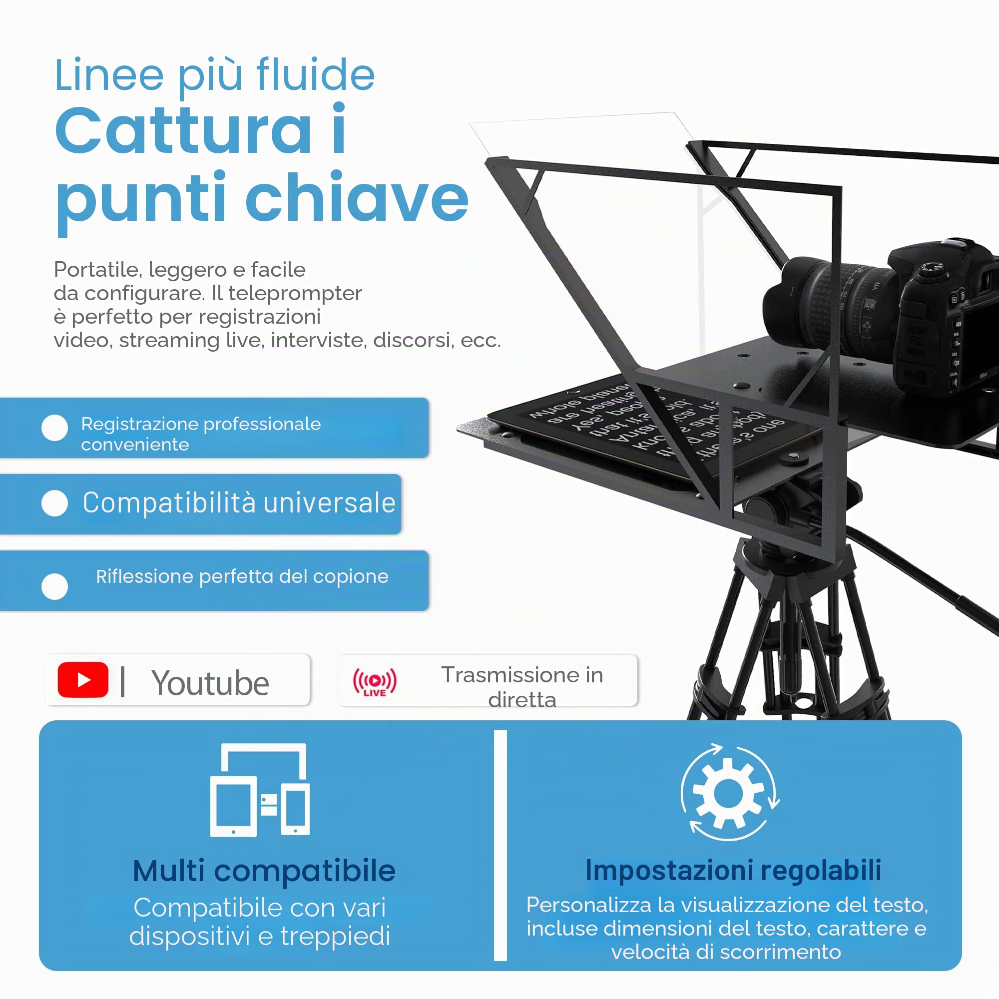 Teleprompter Compatibile con Ipad, Tablet, Smartphone e Fotocamera Dslr, Controllo con Telecomando o App, Compatibile con Android e iOS, Ideale per Registrazioni Video (Version 5.0)