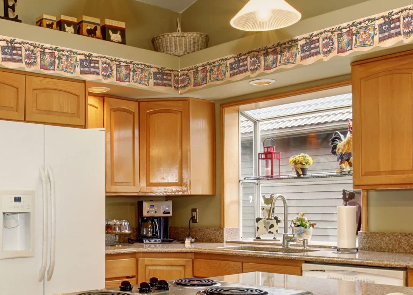 CONCORD WALLCOVERINGS ™ Wallpaper Border Laundry Pattern Patchwork Blankets Vine Leaves, Die Cut Edge for Farmhouse Cottage, Beige Green Red Yellow Blue, 15 Feet by 7 Inches BP007134B
