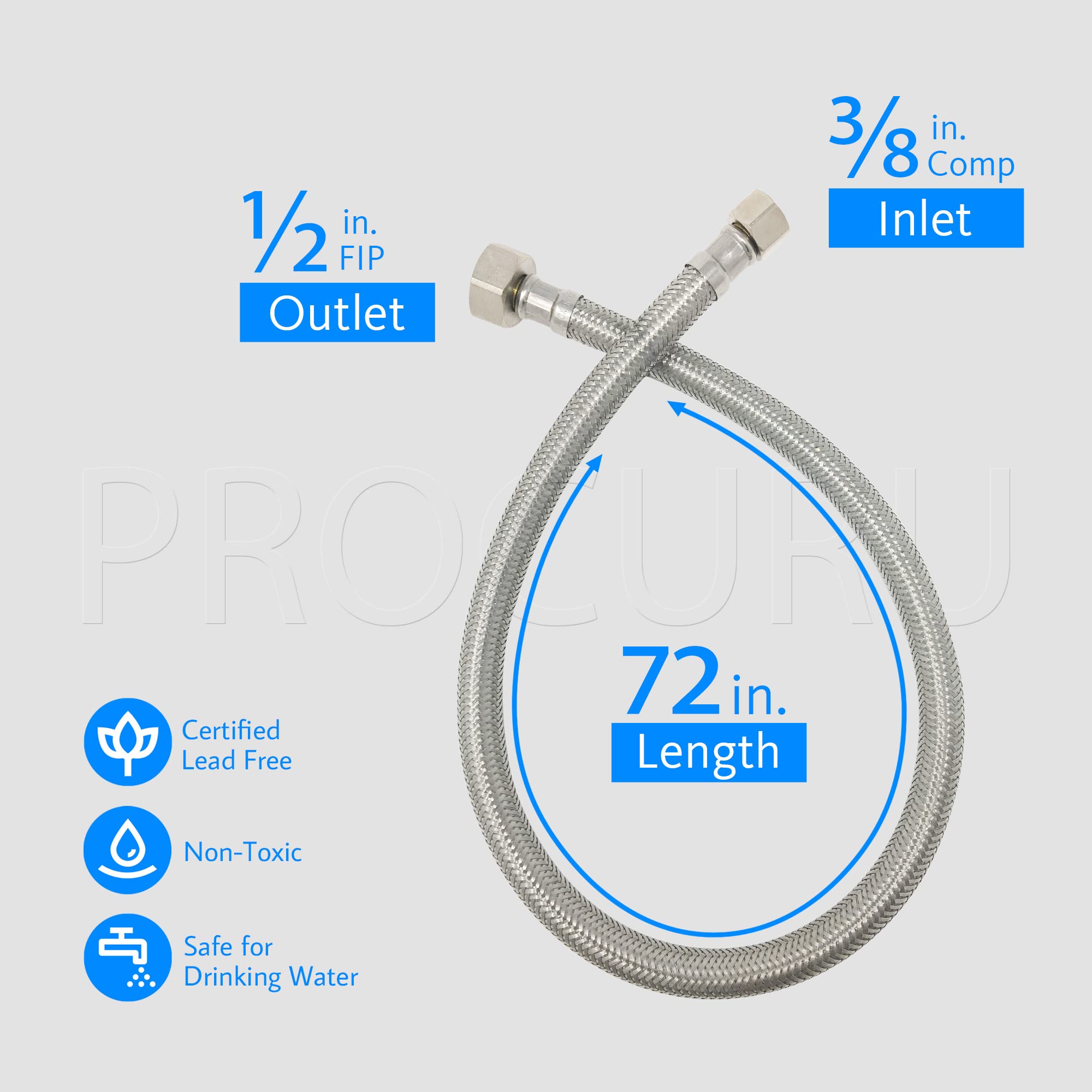 PROCURU 182 cm de largo x 3/8" Comp x 1/2" FIP conector de manguera de grifo, línea de suministro de acero inoxidable trenzado, sin plomo (72 pulgadas, 2 unidades)