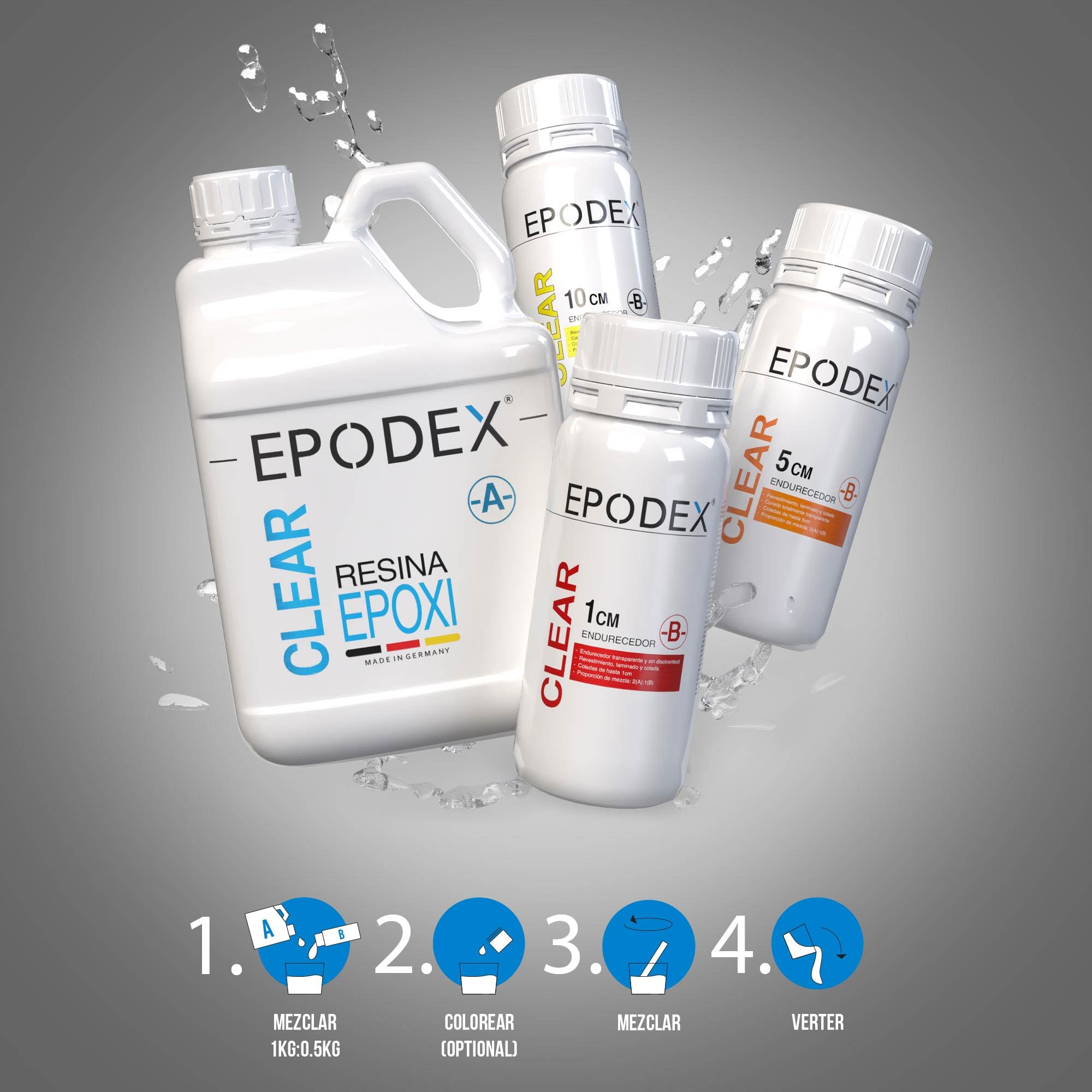 Kit Resina Epoxi EPODEX Serie ECO - Para vertidos hasta 10cm - 4,5kg | Resina Epoxi Transparente pare recubrimientos, manualidades, inclusiones, mesas río, lámparas, joyería y más