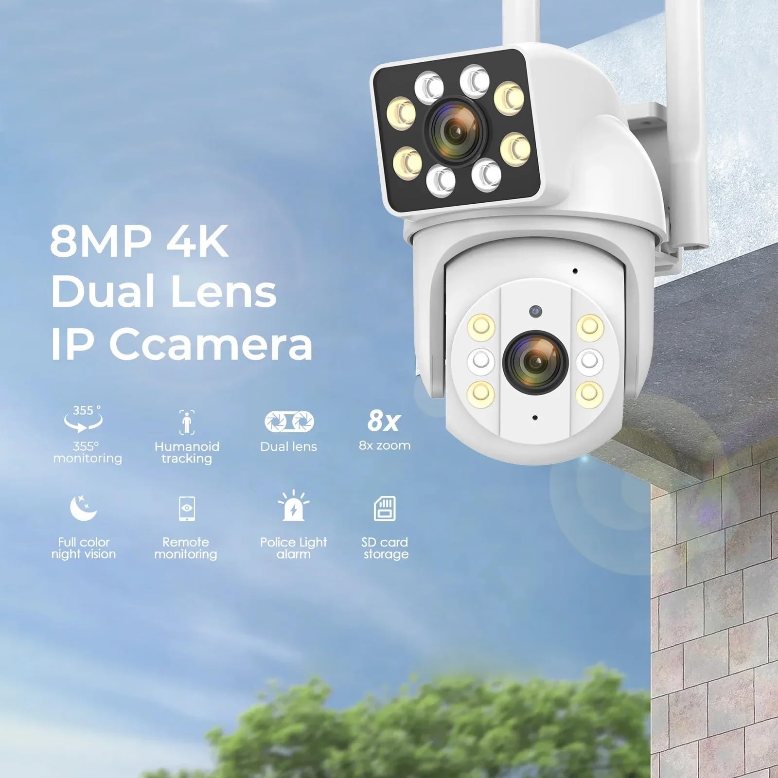 Kamera bezpieczeństwa zewnętrzna, 8MP kamera PTZ IP podwójny obiektyw 8-krotny zoom kamery monitorujące CCTV zewnętrzne wykrywanie człowieka śledzenie kolor noktowizor wodoodporny Kamera bezpieczeństw
