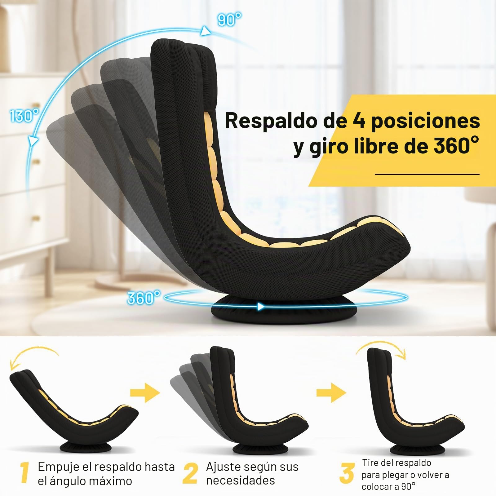 RELAX4LIFE Sillón de Suelo Giratorio 360°, Silla Plegable con Respaldo Ajustable en 4 Posiciones, Cojín para el Cuello y Base de Metal, Silla de Suelo Acolchada con Esponja Acolchada (Negro+Amarillo)