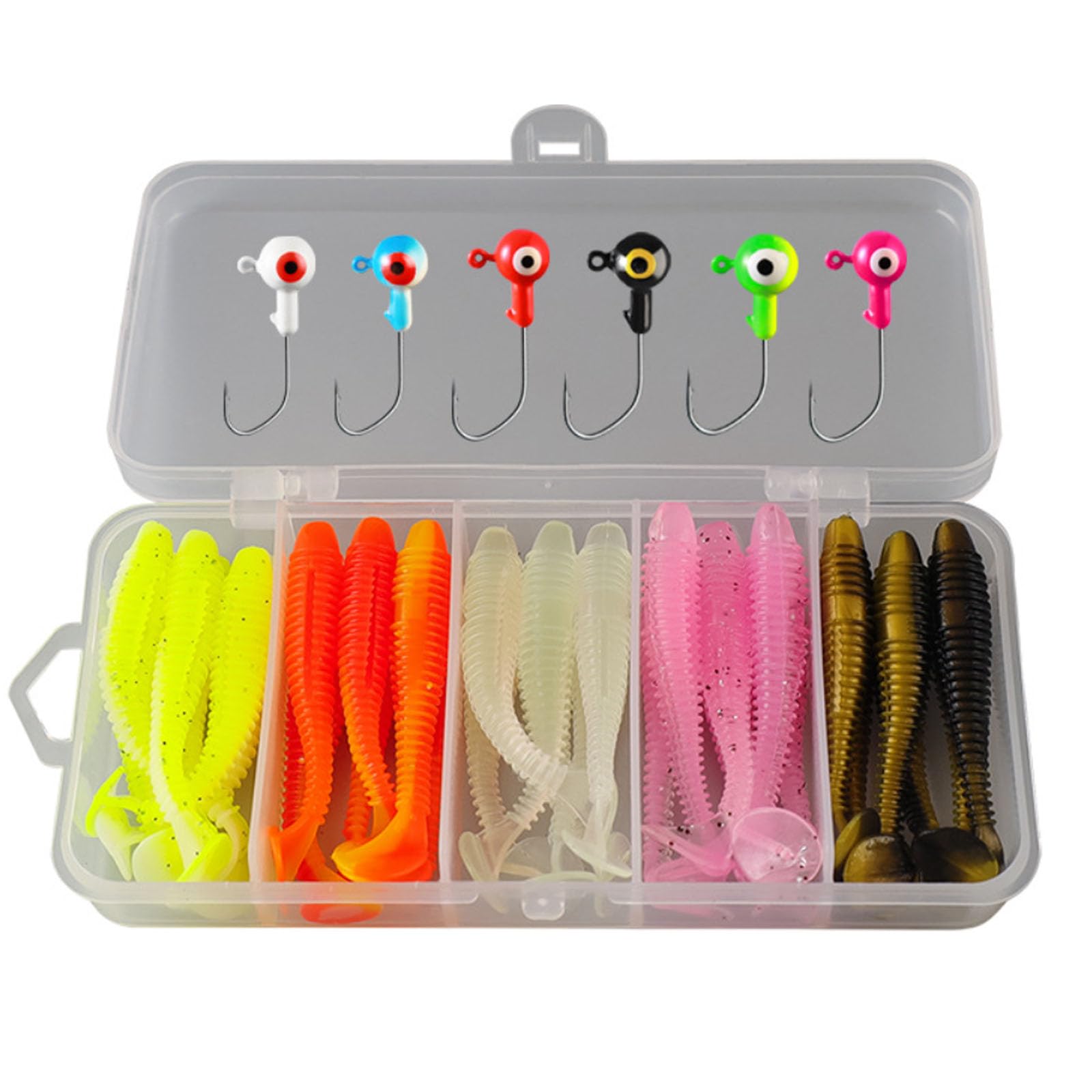 GIONAR 37 Pcs Fishing Lures Set, 30 Soft Plastic Lures, 6 Jig Heads, Storage Box, Freshwater/Saltwater