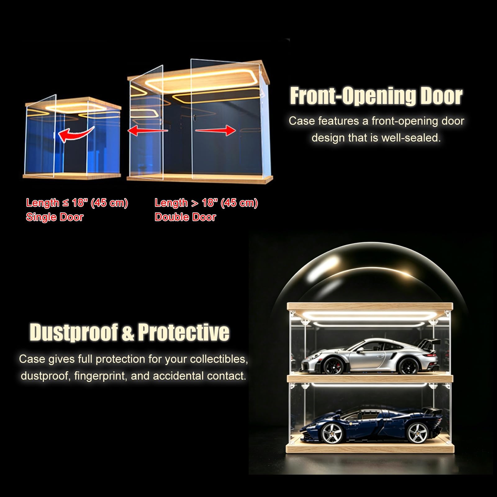 Teca Plexiglass Extra Lungo, LED a Luce Calda, Teca in Acrilico, Involucro | Vetrina con Base e Coperchio in Legno, Ampia Capacità di Stoccaggio, Organizer Personalizzabile(60x20xH20cm/24x8x8in)
