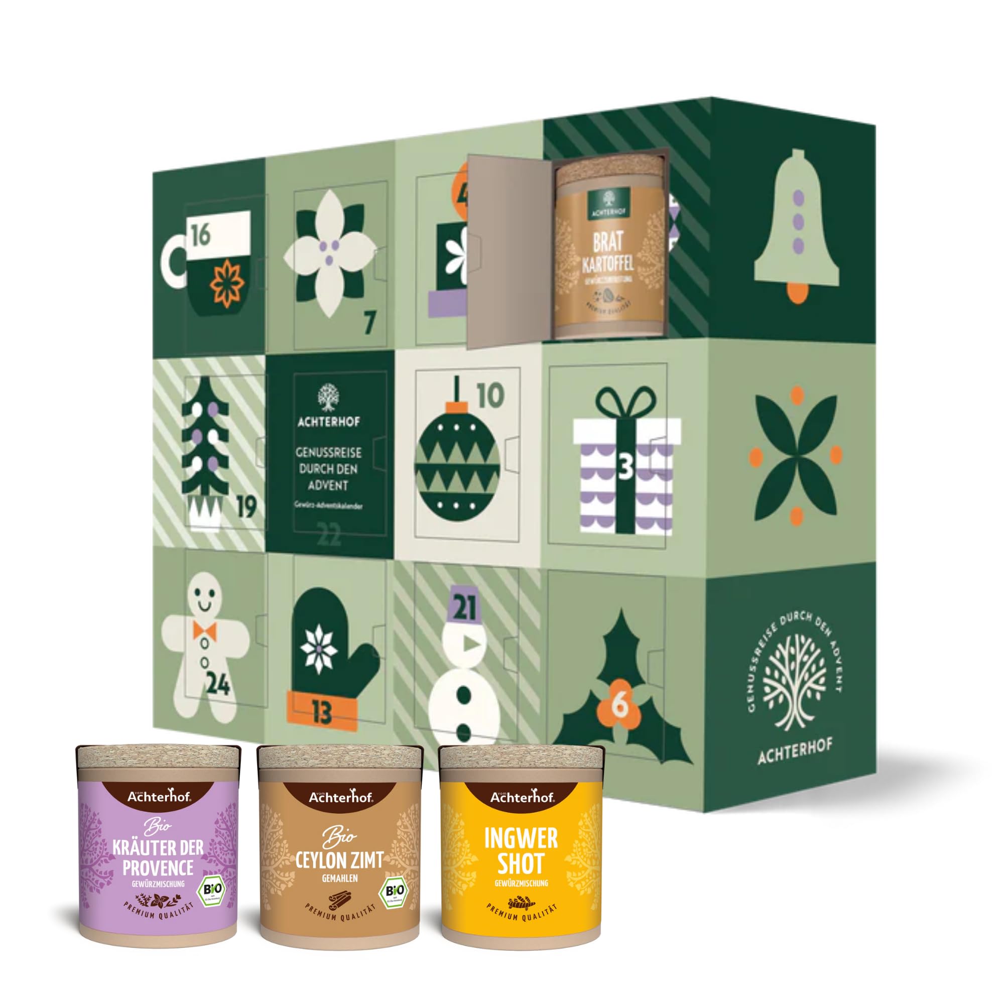 Adventskalender „Genussreise durch den Advent“ | mit 24 hochwertigen (Bio) Gewürzen und Pflanzenpulvern | Achterhof