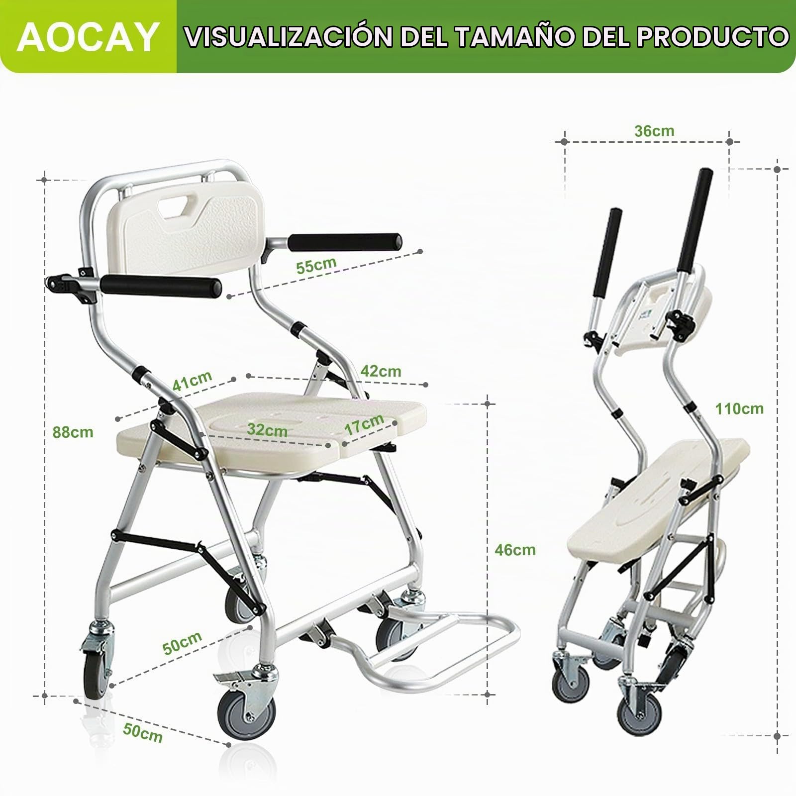 Silla de Ducha con Ruedas para Personas Mayores, Silla con Ruedas para Ducha, Silla Baño Ancianos Ducha, Taburete Ducha para Mayores con Reposabrazos y Reposapiés Plegables