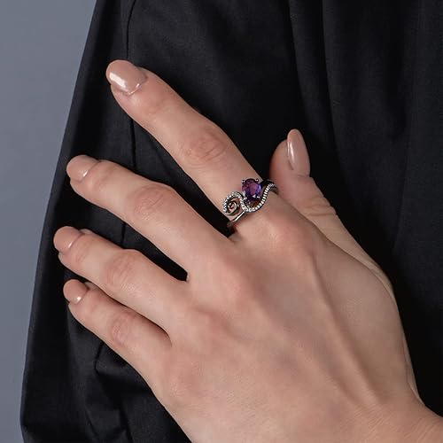 Miniatura 5 de Jewelili Enchanted Disney Fine Jewelry - Anillo de plata de ley con forma ovalada de 0.315 x 0.236 in, amatista y diamante redondo blanco natural de