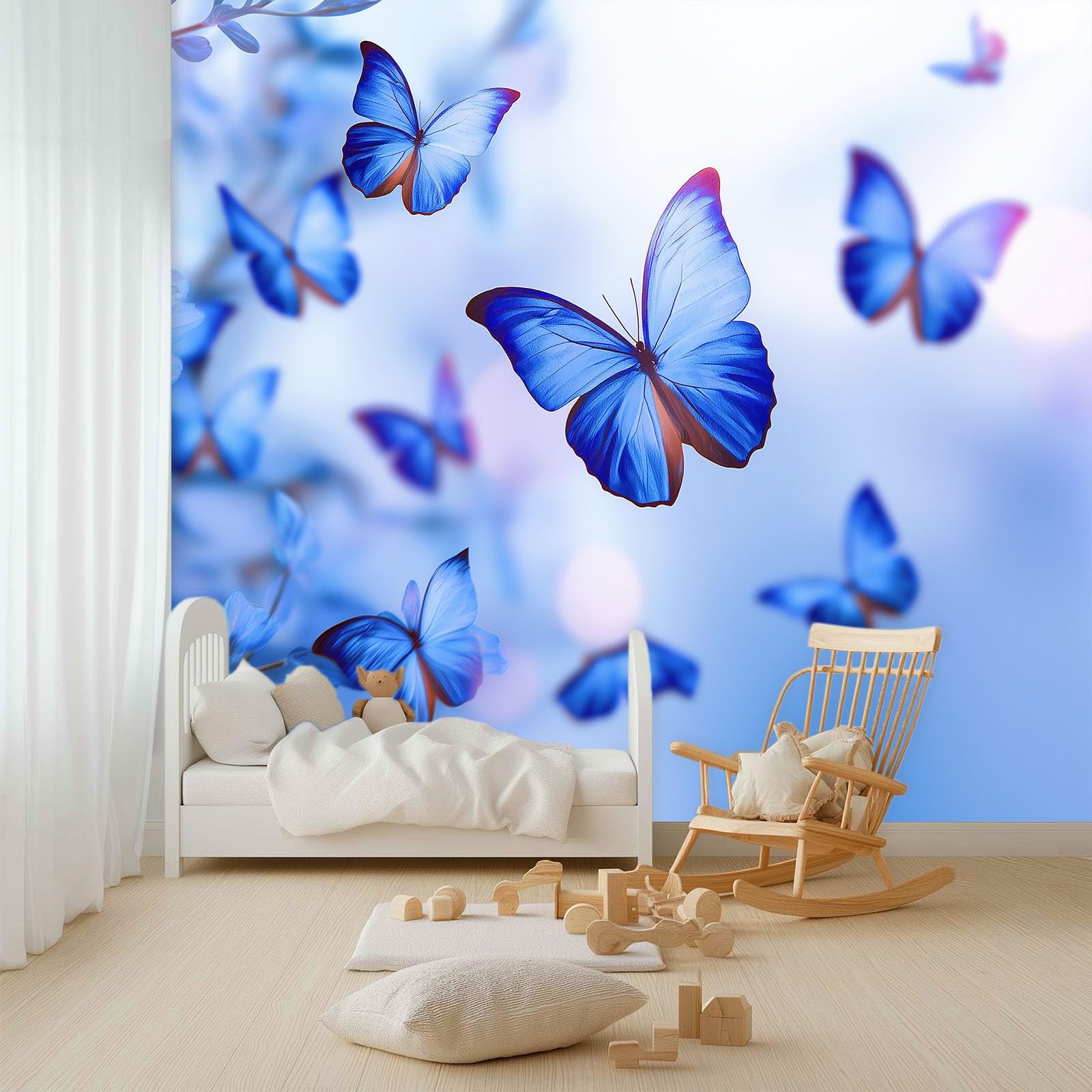 Fototapeta 3D 350 x 256 cm - niebieska włóknina tapeta ścienna do salonu i telewizora biura - dekoracja XXL niesamoprzylepna marzyciel światło i cień motyle w locie