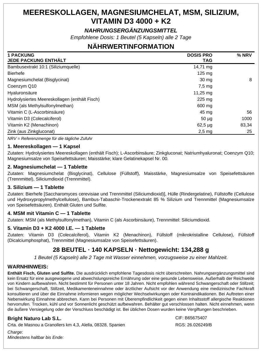 Collagene Marino con Acido Ialuronico, Magnesio Chelato, MSM, Silicio, Vitamina D3 e K2 - SmartAbsorb™ | per pelle, ossa e articolazioni | 28 bustine giornaliere