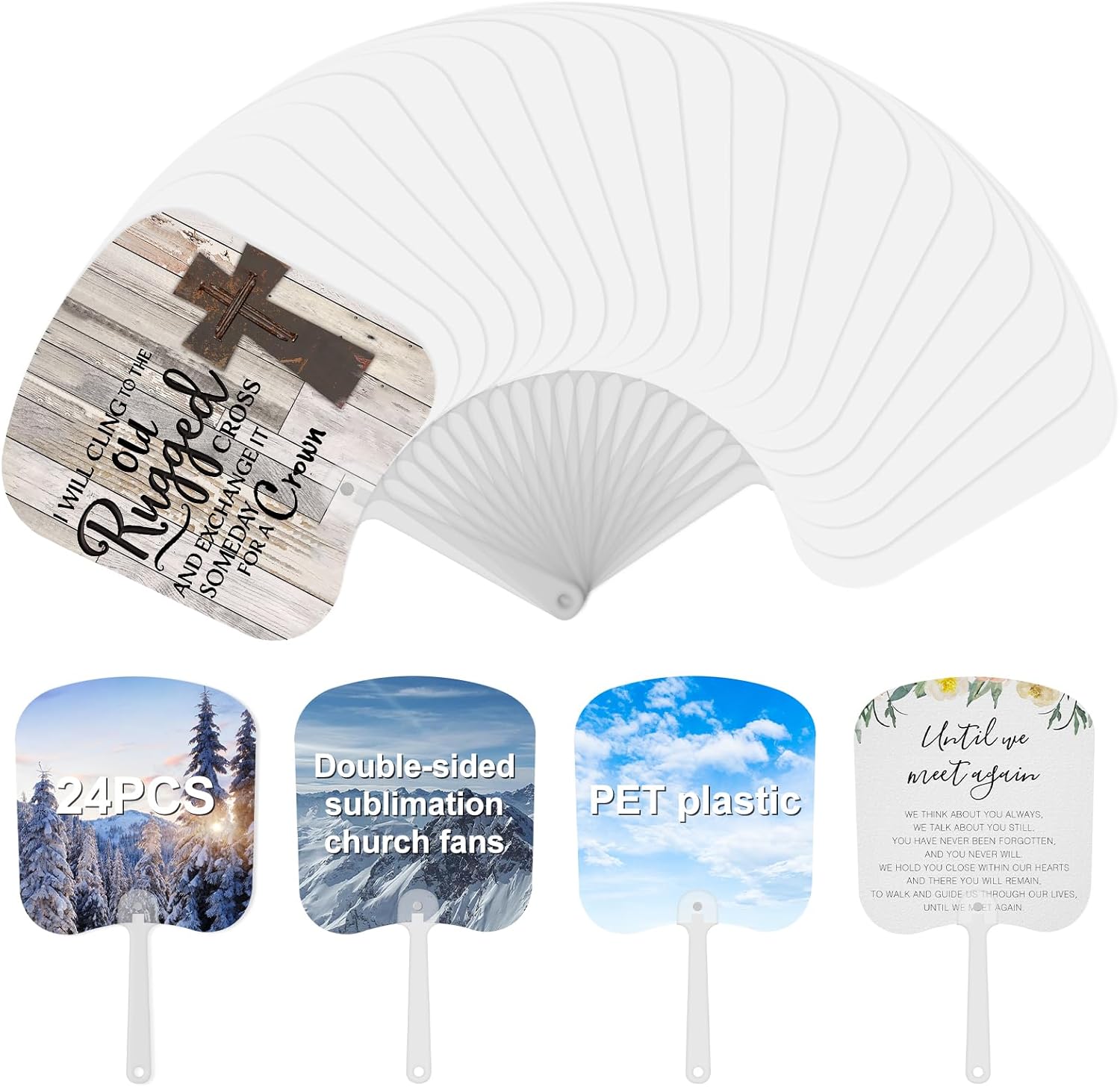 24 Pieces Church Fans Handheld Set, Double-sided Sublimation Fans Blank，PET Plastic Blank Handheld Fan for Church Parties and Crafting (24pcs)
