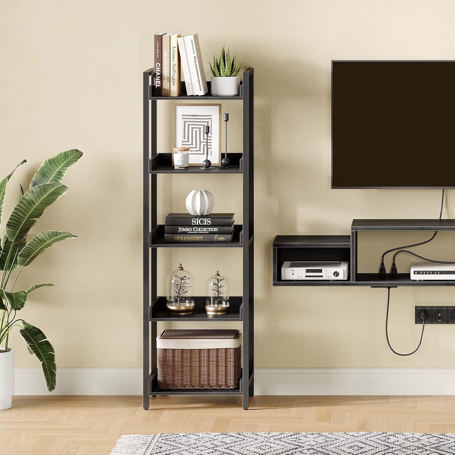 Rolanstar Bookshelf, 5-Tier Storage Rack, Narrow Corner Bookshelf, Display Wooden Shelves for Living Room, Bathroom, Balcony, Kitchen,Black