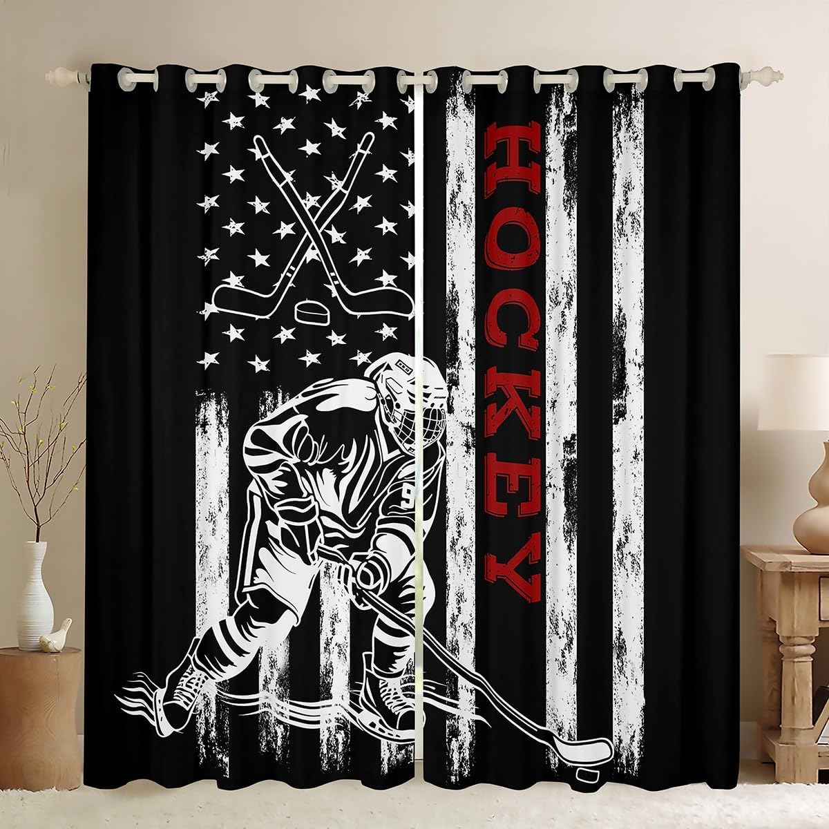 Castle Fairy Ice Hockey Window Curtains,Sports Games Player Print Window Treatments for Kitchen,Stars Stripes American Flag Polyetser Blackout Window Drapes, 2 Panels, 52Wx84L inch