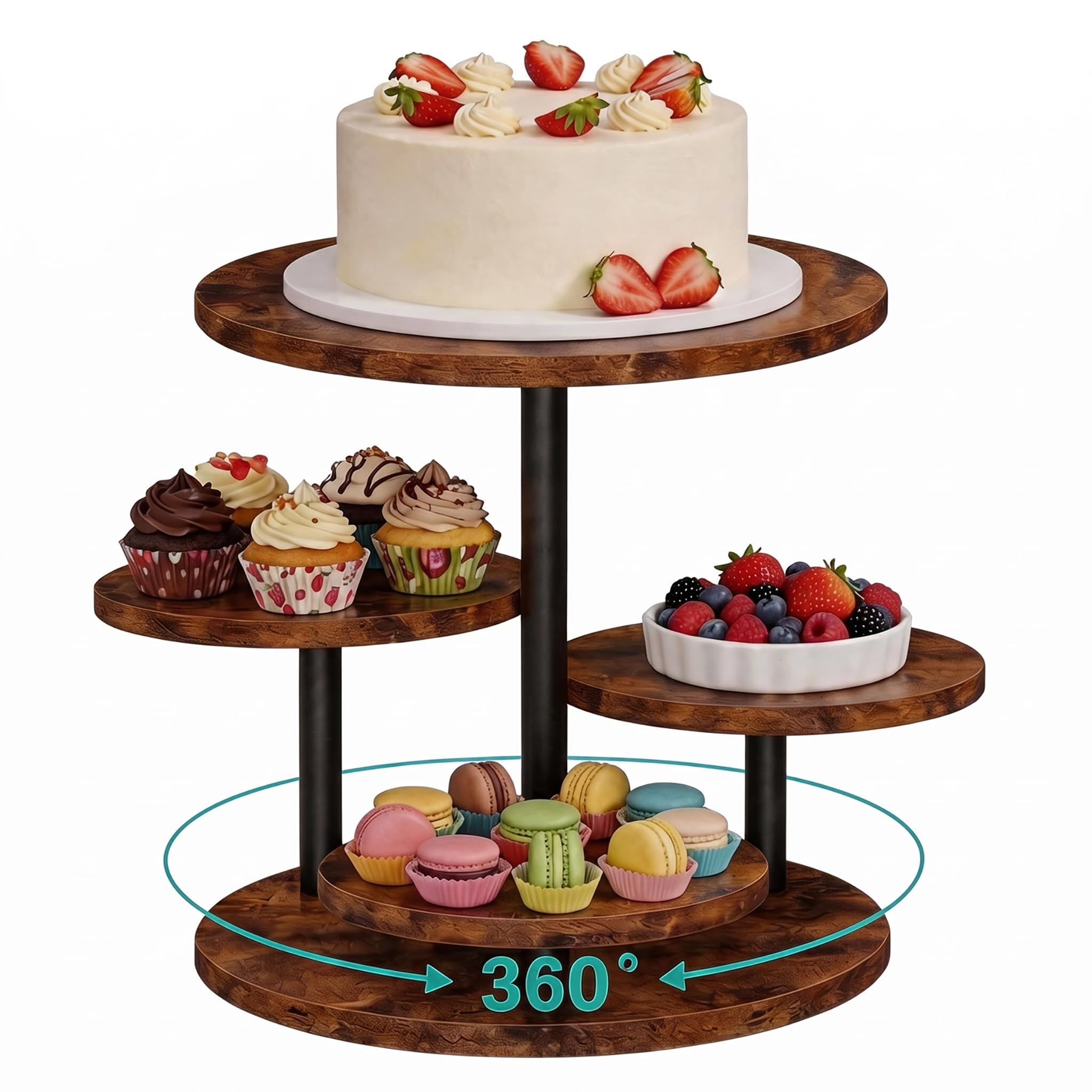 FUSHITON 360° drehbarer 4-stöckiger Ständer aus melaminbeschichtetem MDF & Metall, Etagere für Kuchen, Cupcakes, Deko, Pflanzen, Party, Kaffeetafel, Ø30/20 cm, H32,5 cm