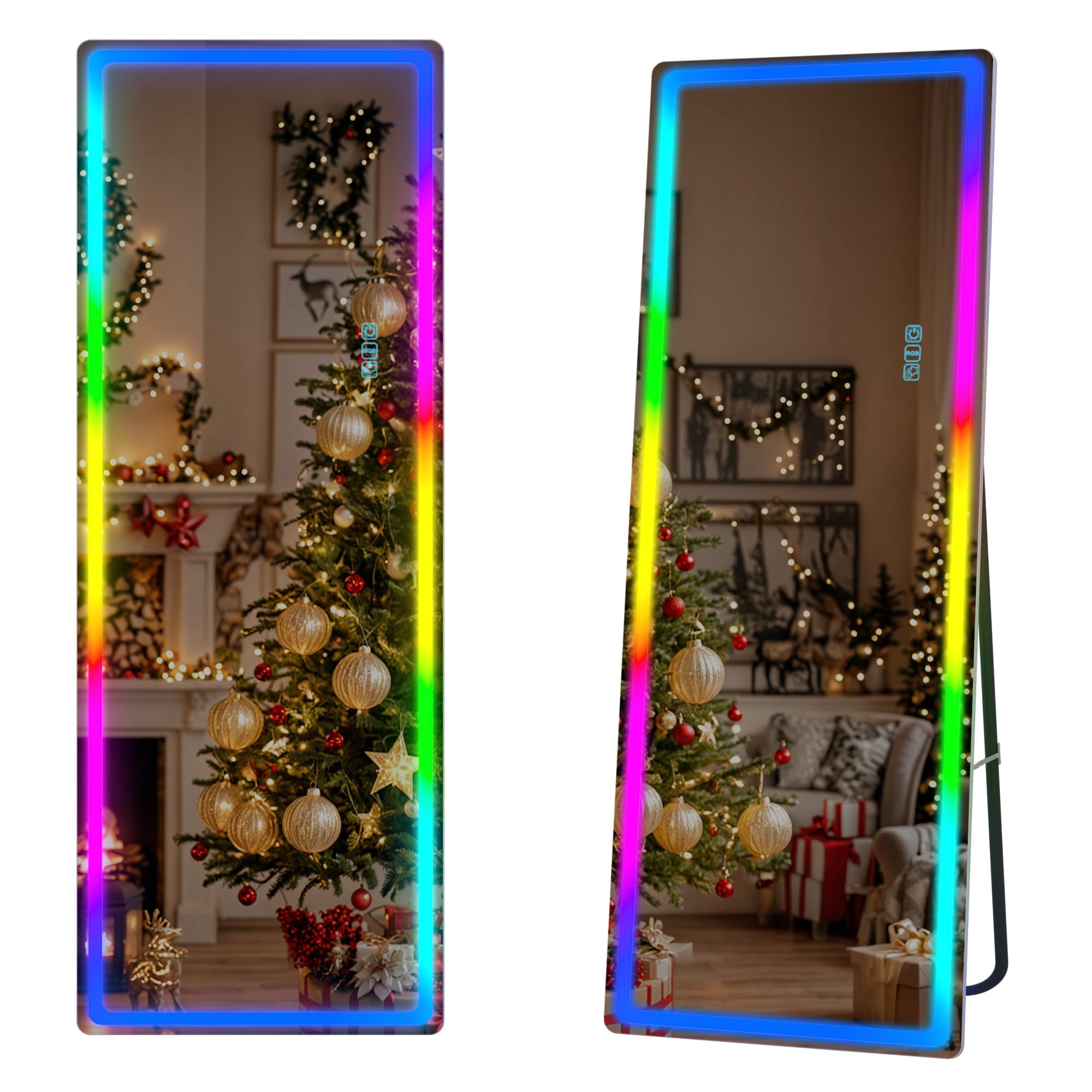 LVSOMT RGB Ganzkörperspiegel mit Beleuchtung, 153x50cm Standspiegel Ganzkörperspiegel Ohne Rahmen, LED Wandspiegel Groß für Schlafzimmer Wohnzimmer, 7 Dynamische Modi und 7 Farben Licht, Weiß