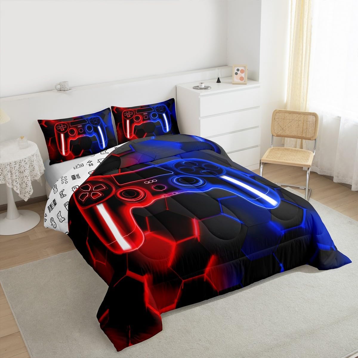 Feelyou Gamer Duvet Quilt Gaming Bedding Set for Kids Boys Girls Teens Room Decor Red Blue Game Console Comforter Set Twin Size Gamepad Honeycomb 2Pcs Breathable Soft Lightweight Microfiber