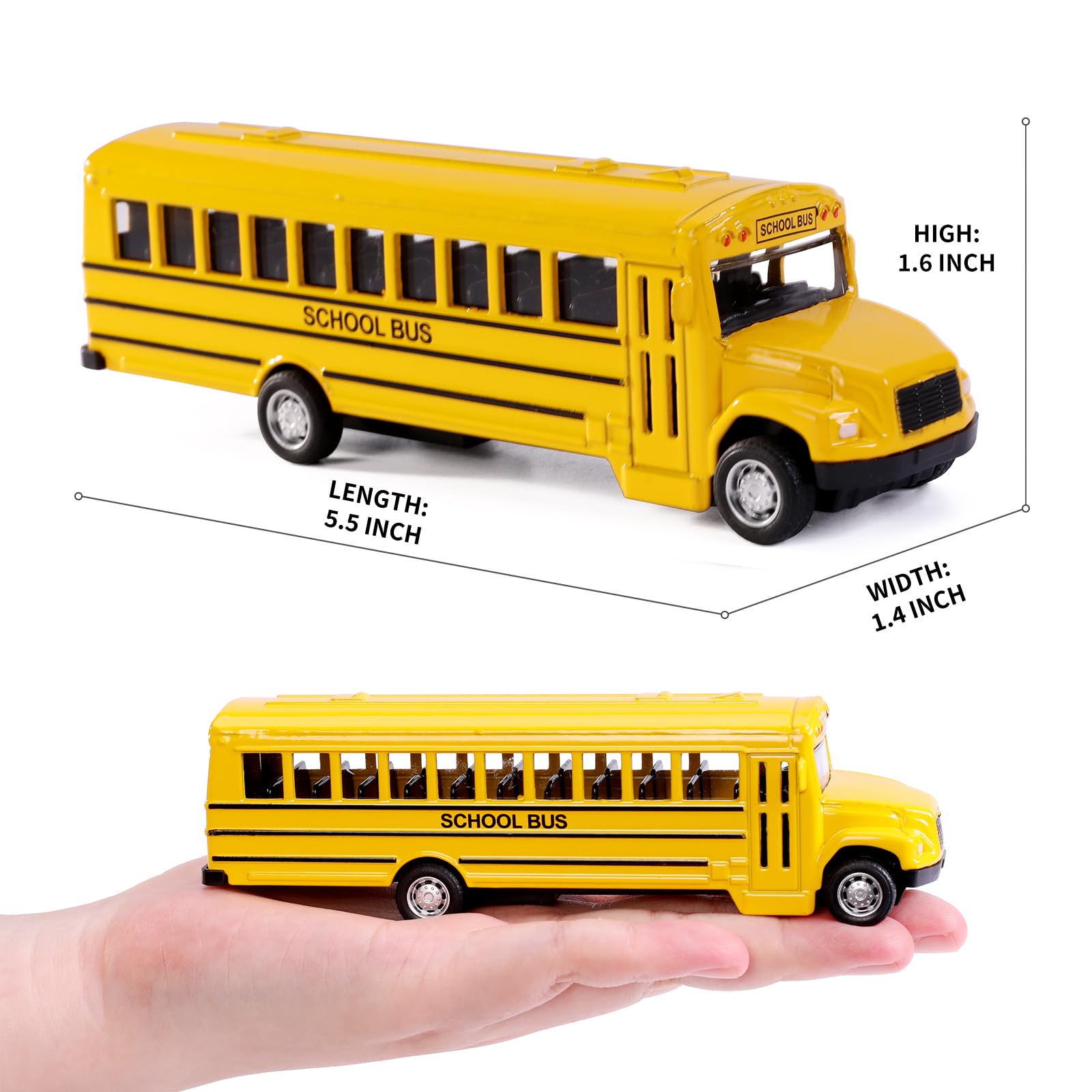 Paquete de 2 juguetes de autobús escolar amarillo brillante, 5.5 pulgadas, vehículos de juguete de fricción de metal fundido a presión para niños y niñas 5
