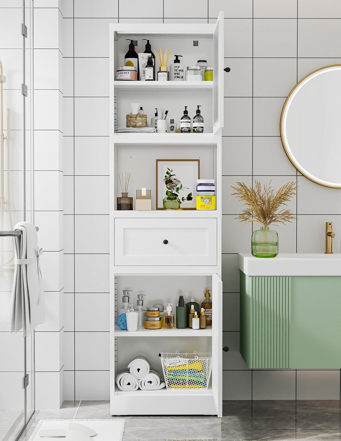67" Tall Bathroom Cabinet, Metal Bathroom Storage Cabinet with Adjustable Shelves, Floor Cabinets with 2 Doors & 1 Drawer for Living Room, Kitchen, Entryway, Home Office