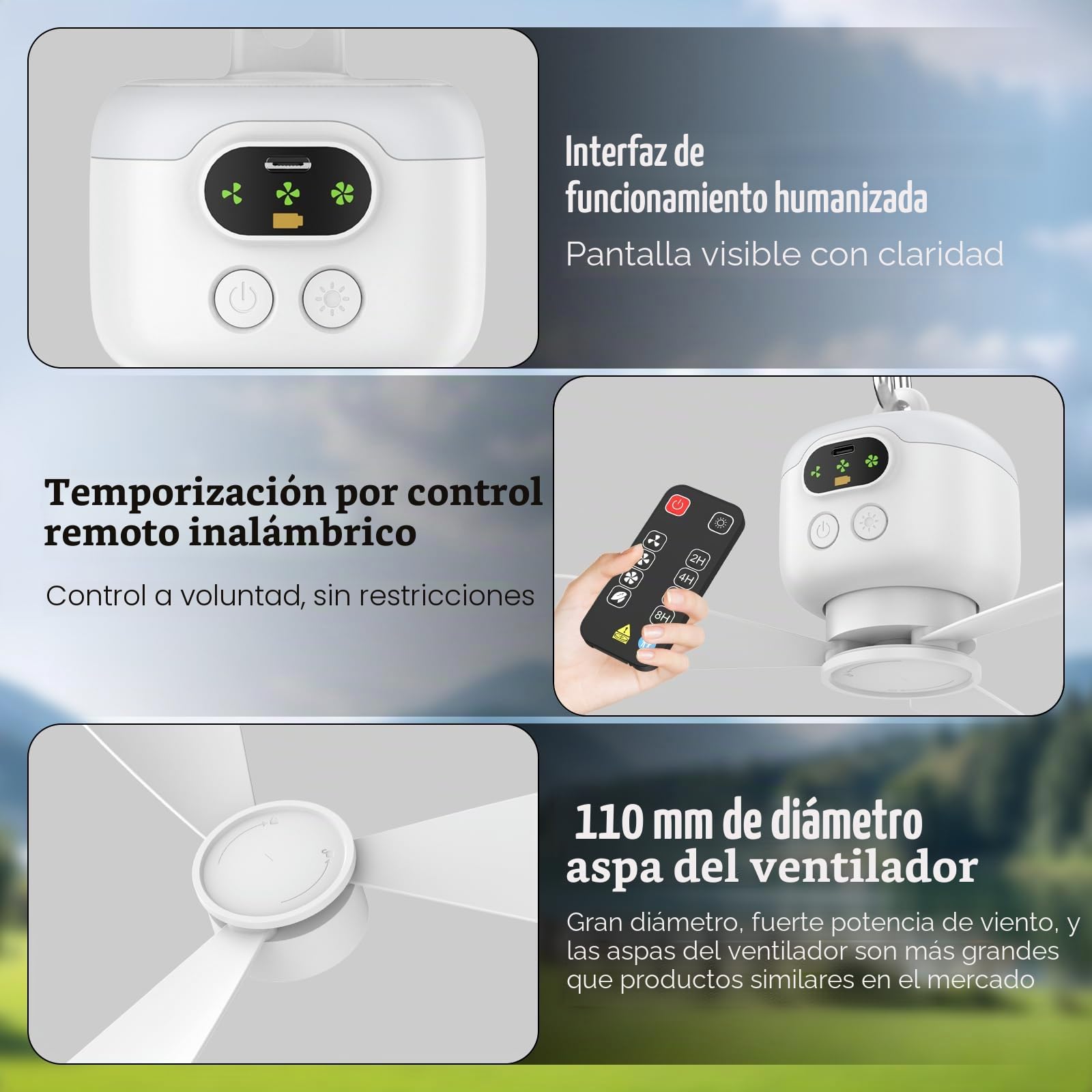 Ventilador de techo USB con luz, batería de 8000 mAh, ventilador de camping con mando a distancia, ventilador colgante silencioso de 3 velocidades, recargable para tienda de campaña, cenador