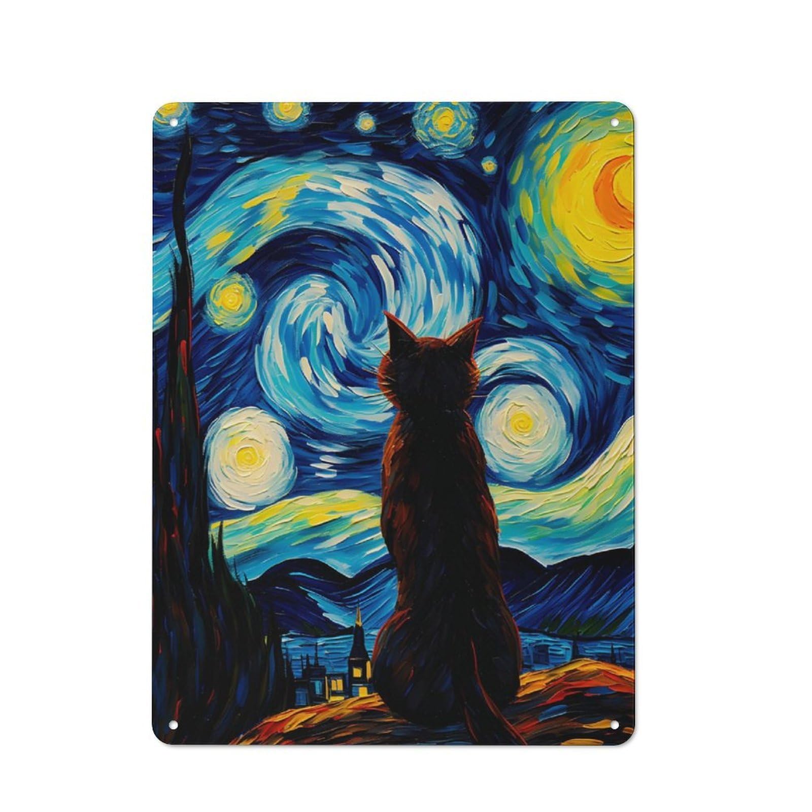Junmoney The Starry Night Cat Vintage Tin Sign 40X30cm Featuring For Café Or Home Bar, A Metal Wall Feature For Cafés And Home Bars