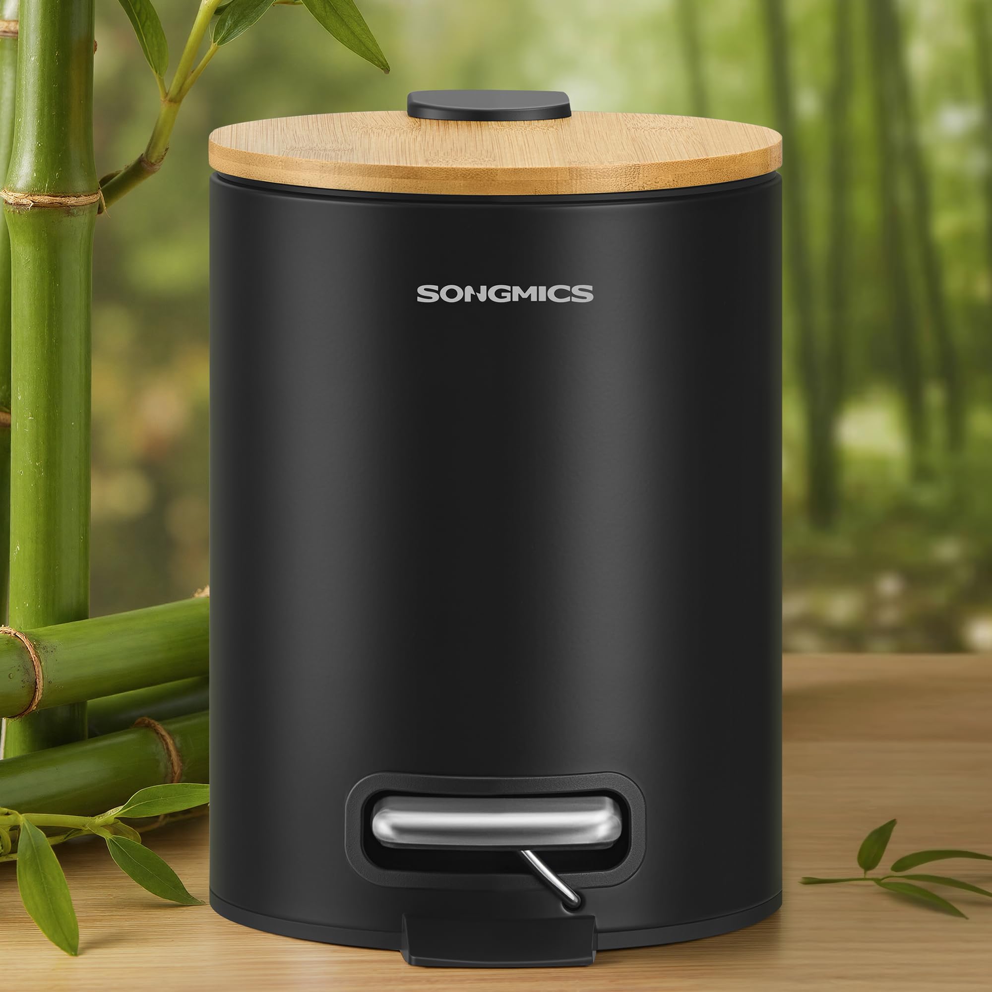 SONGMICS Small Waste Bin, Rubbish Bin with Bamboo Lid, Metal Pedal, Removable Inner Bucket, Soft Close, for Bathroom, 0.8 Gallons (3 L), Ink Black LTB113BZ01
