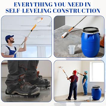 20 Pcs Self Leveling Cement Tools Kit, 15.8 Gallon Mixing Barrel with Lid and Handles, 9'' Epoxy Roller, Shoes Spikes, Mixer Rod, Measuring Cup with Lid, Scraper, Epoxy Floor Leveling Kit