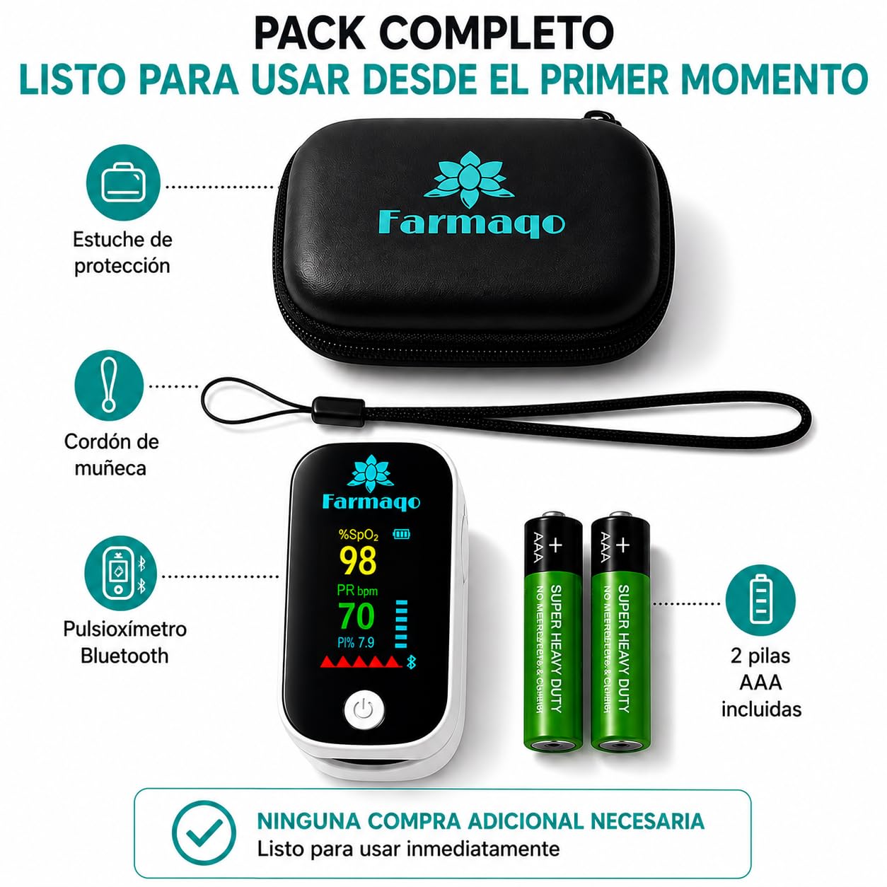 Pulsioxímetro de Dedo FARMAQO Profesional Certificado CE con App Bluetooth iOS Android – Oxímetro Saturómetro SpO2 BPM Pantalla OLED Alta Precisión para Adultos y Niños