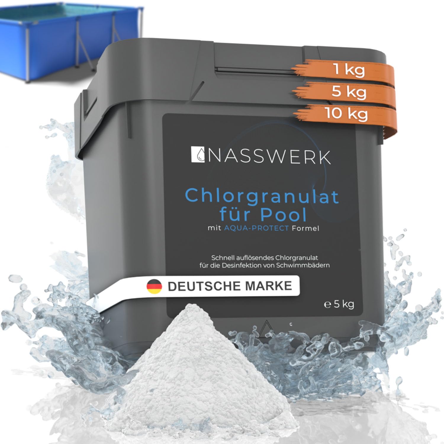 NASSWERK® Chlorgranulat für Pool 5kg | Hocheffektives Schnellchlorgranulat für Pool & Whirlpool | Chlor Granulat zur Schockchlorung & Stoßchlorung | Chlor Granulat Pool 5 kg | Poolpflege Desinfektion