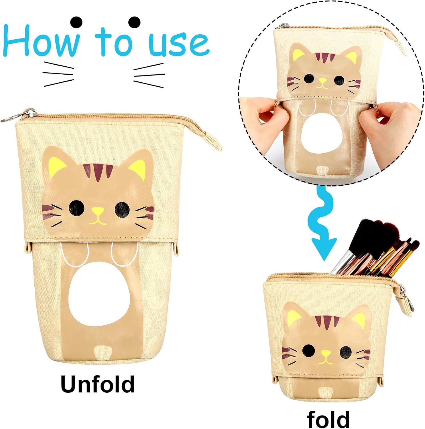 Zonon 4 Pieces Standing Pencil Case Cat Print Telescopic Pencil Case Stand up Pen Holder Canvas PU Cartoon Portable Makeup Bag for School Office Cosmetics Gift Supply(Cat Print)