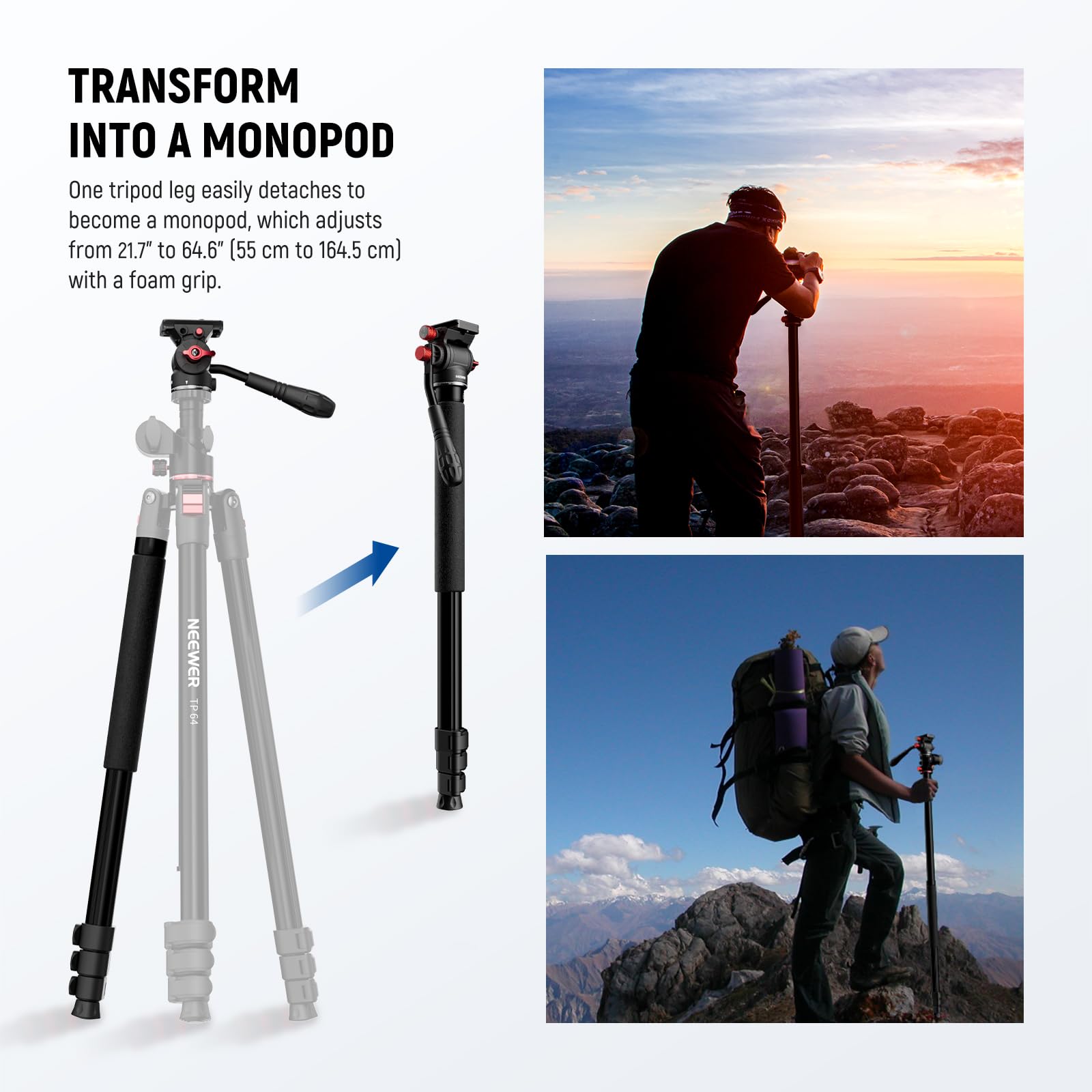 NEEWER Poziomy statyw do kamery górnej, monopod z głowicą płynu i elastyczną kolumną środkową, 90-calowy metalowy stojak podróżny DSLR, płyta QR typu Arca i odwrócone nogi, maksymalne obciążenie 6 kg