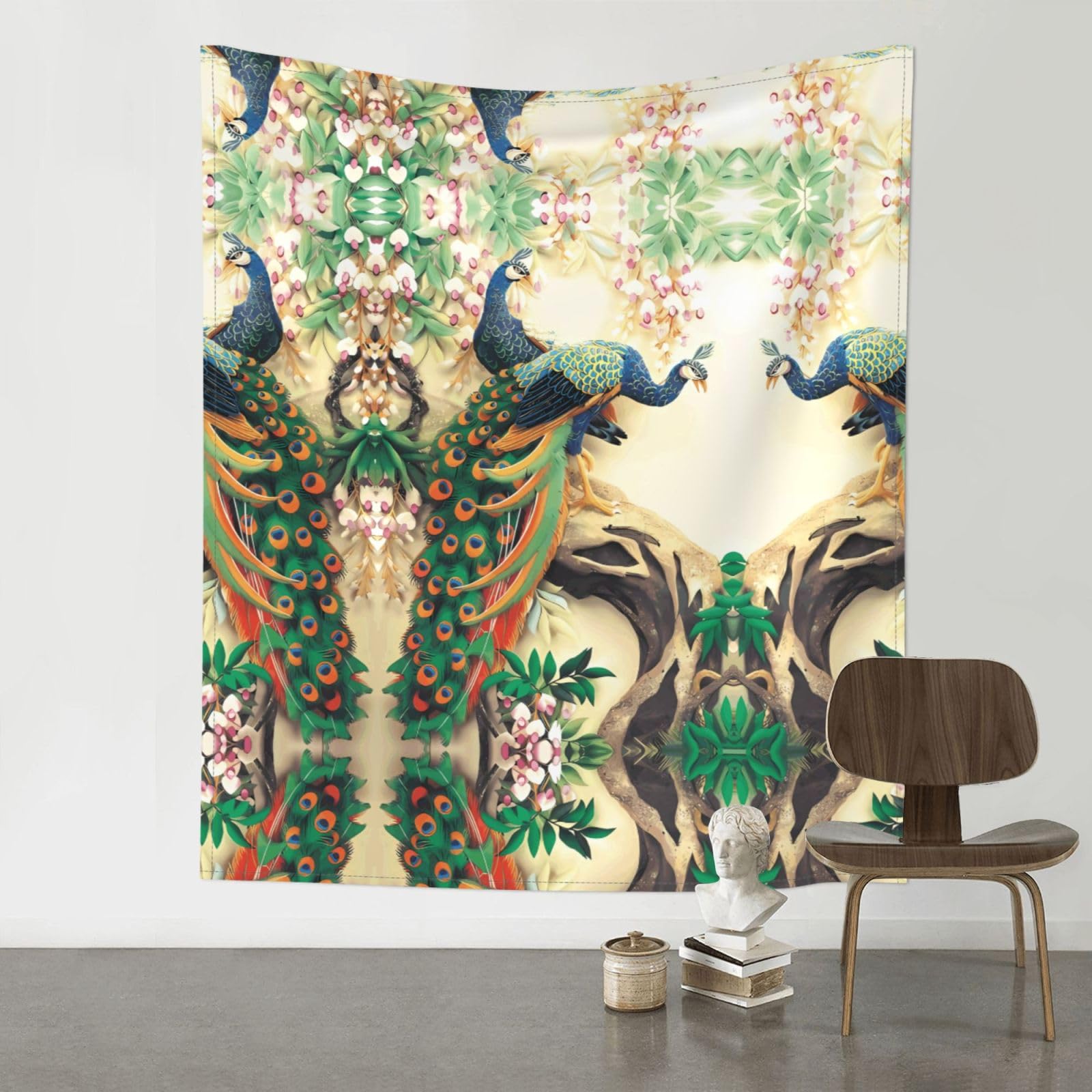 WHJSSF Oriental Peacock on Flower Tree Prints Wall Tapestry 60x51in - Boho Decor Throw for Bedroom, Dorm, Picnic & Outdoor Adventures