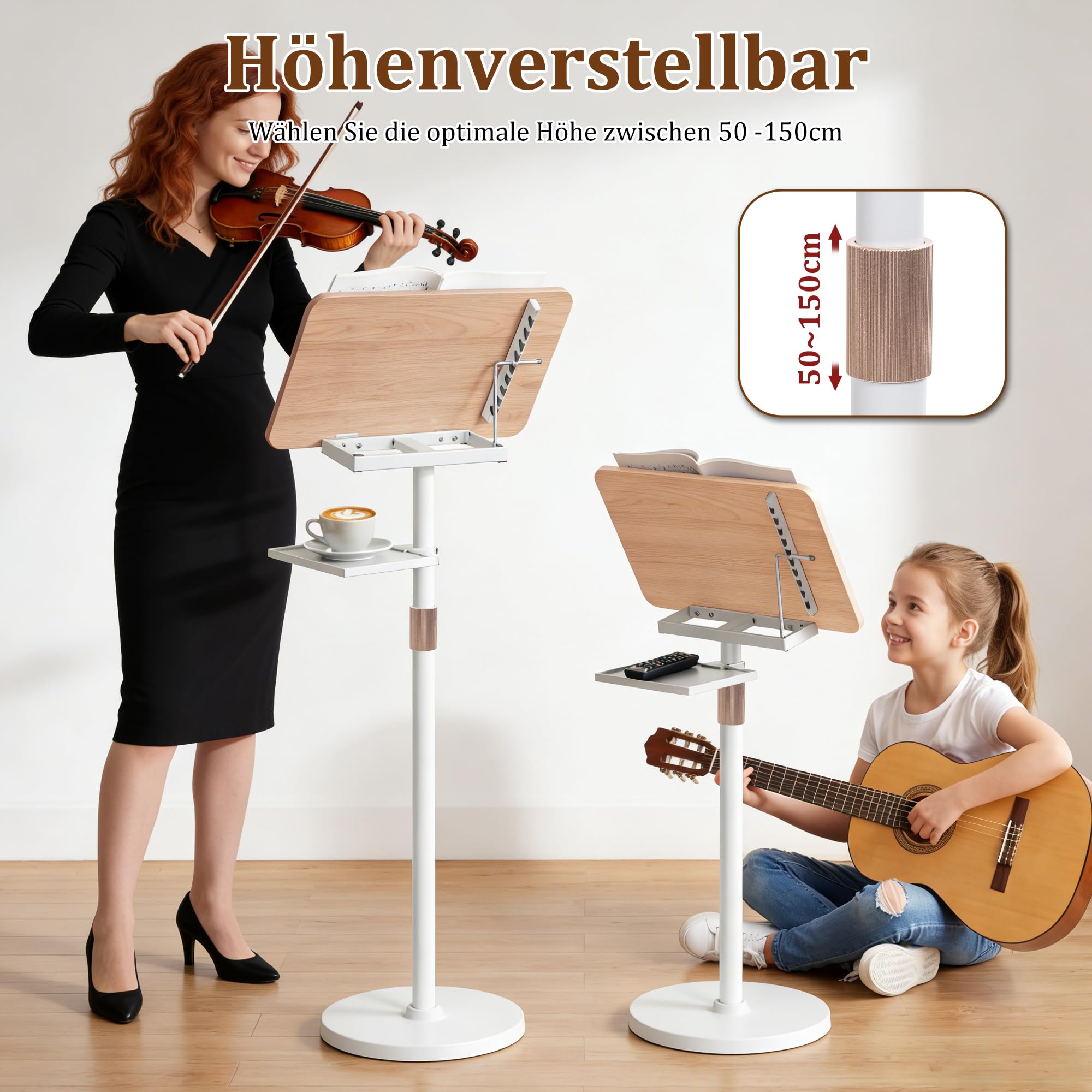 2 in 1 Verstellbarer Buchständer, Höhenverstellbar 50-130cm, Weiß | Dual-Use Boden & Schreibtisch-Buchhalter, Holz-Kochbuchhalter mit Seitenclips, für Musikblatt, Rezept, Laptop