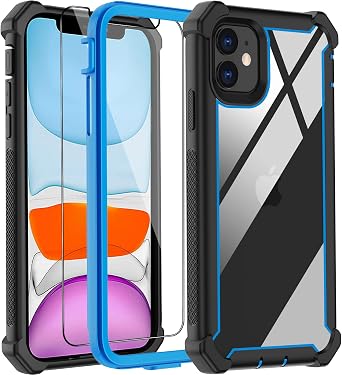 for iPhone 11 Case, with Screen Protector Heavy Duty Drop Protection, [Not-Yellowing] Full Body Rugged Shockproof Tough Protective Phone Cover for Apple iPhone 11 Black Blue-C