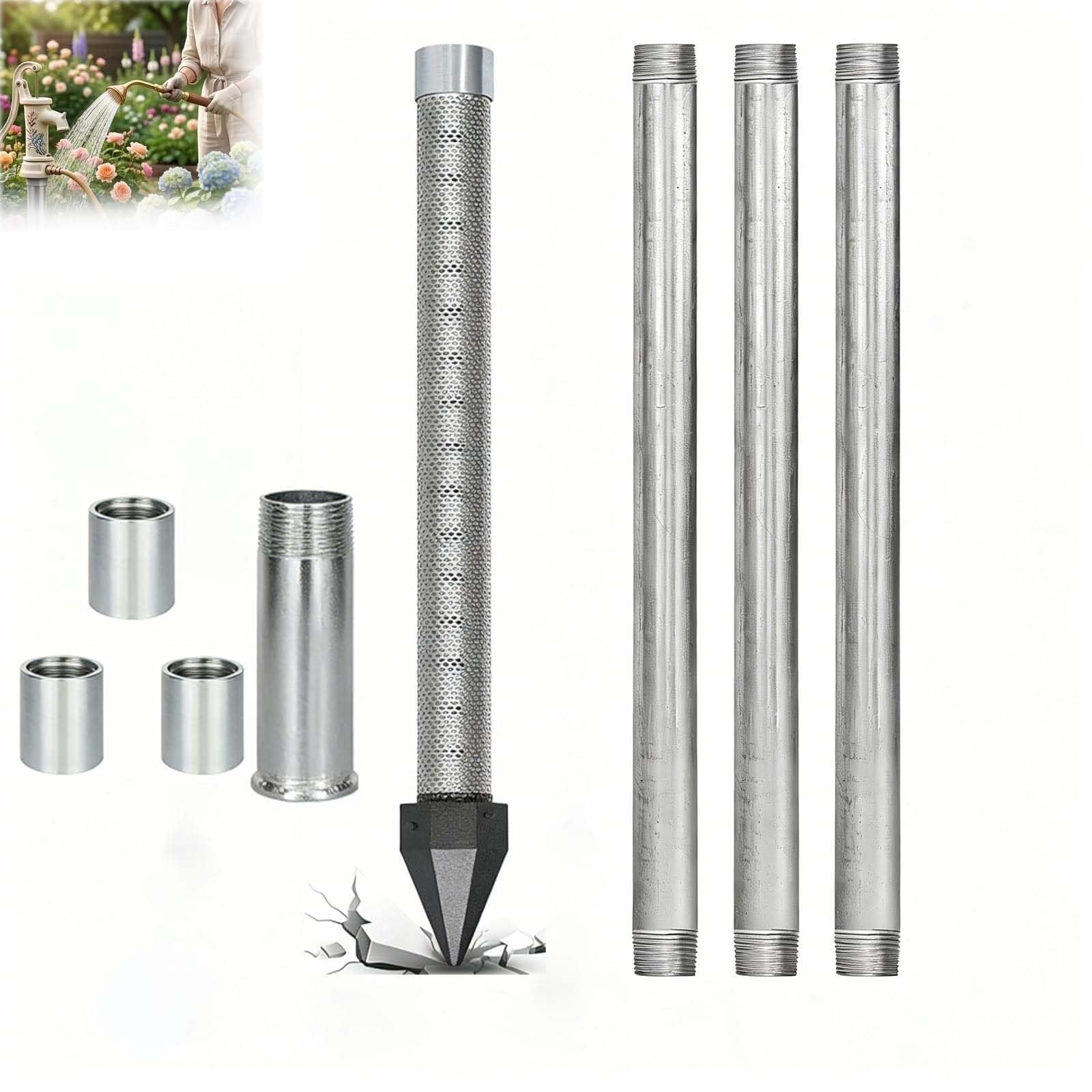 Sand Point Well Kit,1-1/4 Stainless Steel Drive Point Well Kit, Heavy Duty Shallow Well Drilling Kit for Drive Sand Point Well&Soft Soil Well,36 Inch Length Pipe with 60 Gauze Mesh Screen(3+1kit)
