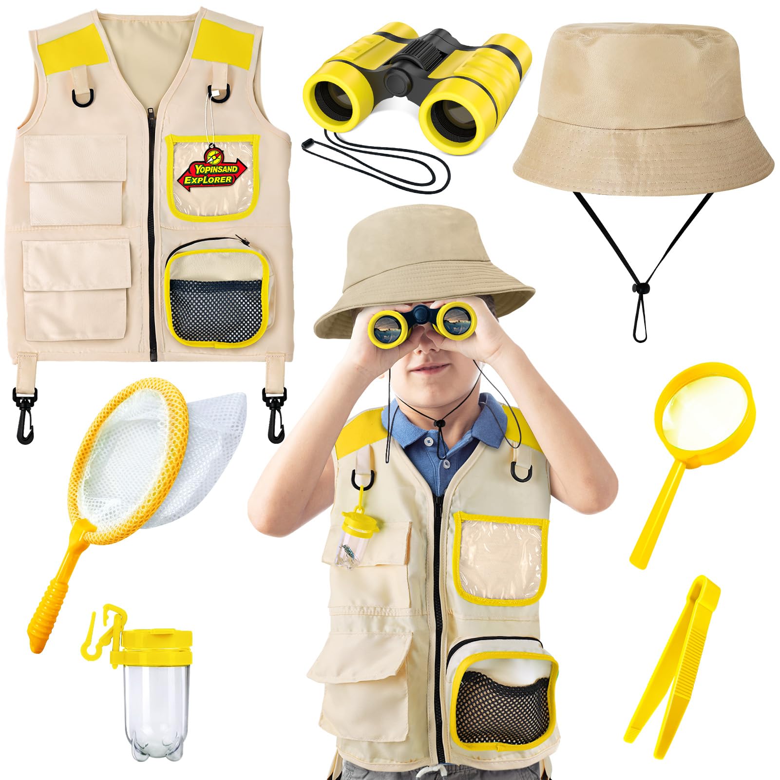 YOPINSAND Kit de exploración para niños con Chaleco de Safari, Sombrero de Safari y prismáticos para niños, Equipo de Acampada para niños con Kit de exploración de escarabajos, Gran Juguete para
