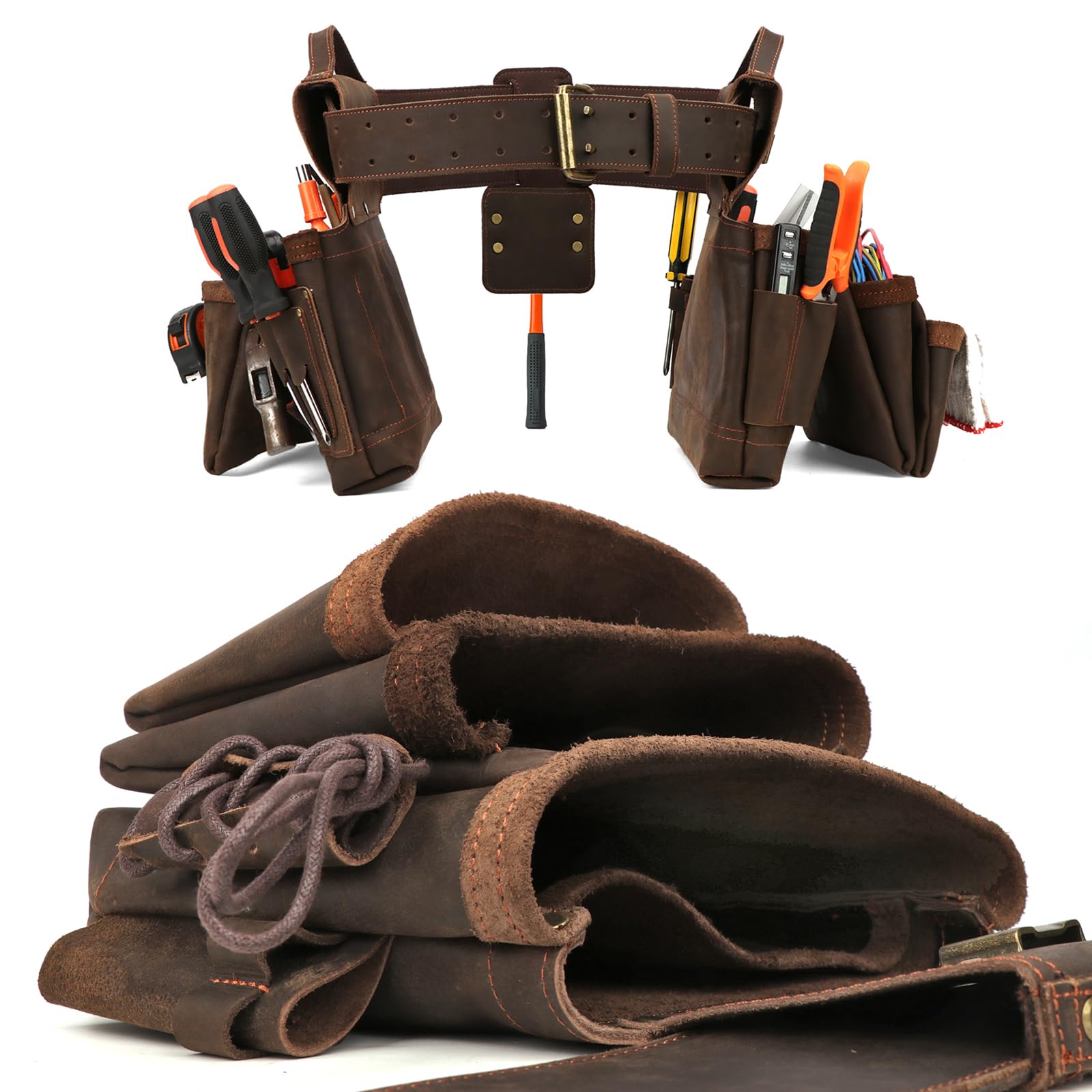 TOURBON Cinturón de herramientas de carpintero con tirantes desmontables, bolsas de herramientas de electricista, bucle para martillo, múltiples bolsillos