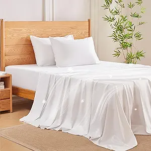 MR&HM Twin Sheets Set, 3-Piece Cooling Sheets, Rayon Derived from Bamboo & Polyester Blend, Soft & Silky, 15" Deep Pockets with Elastic Straps, Hotel Luxury for Hot Sleepers, White