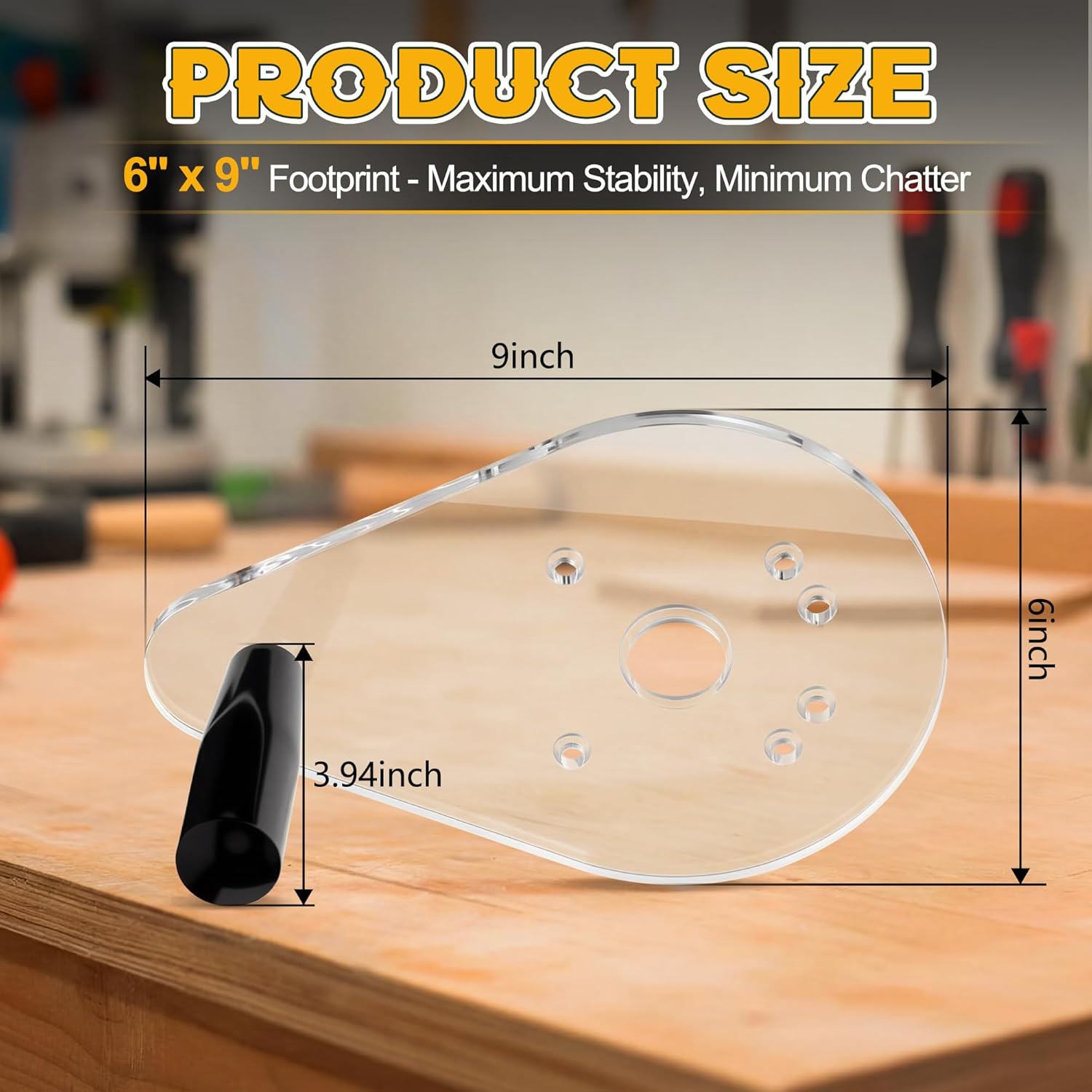 Router Base Plate with Grip Handle, Router Base Compatible with DeWalt DWP611 & DCW600B, 3/8" Thick Acrylic for Standard Guide Bushings, Enhanced Stability for Woodworking, 6" x 9"