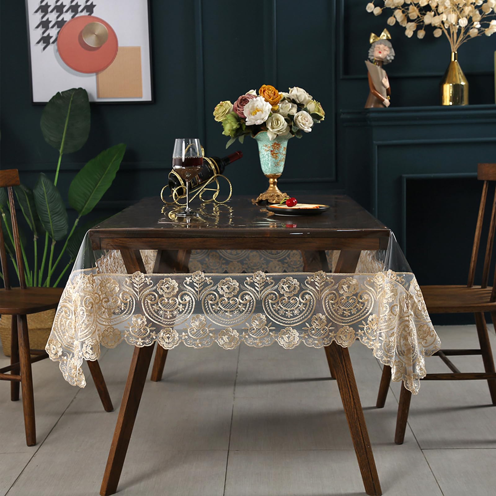 Qubjus Mantel de plástico transparente, impermeable, rectangular, de vinilo, con encaje bordado, para comedor, cocina, bufé, banquetes, fiestas (60 x 98 pulgadas, café)