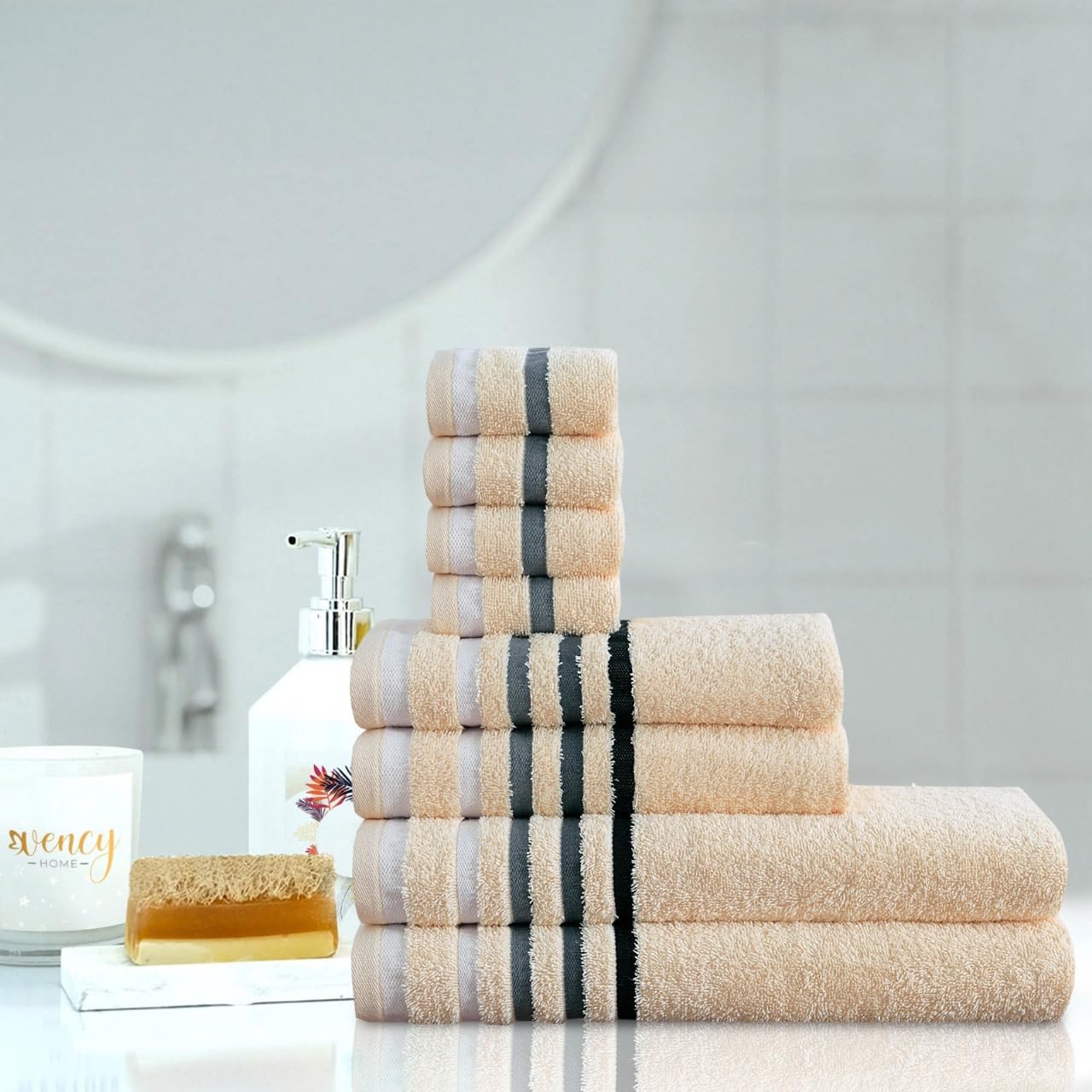 Northern Luxe 8 Piece Towel Bale Set - 600 GSM Egyptian Cotton, Ultra Soft, Absorbent & Durable Terry Towels for Face, Hand & Bath Towel (Stripe Border Cream, Bale of 8)