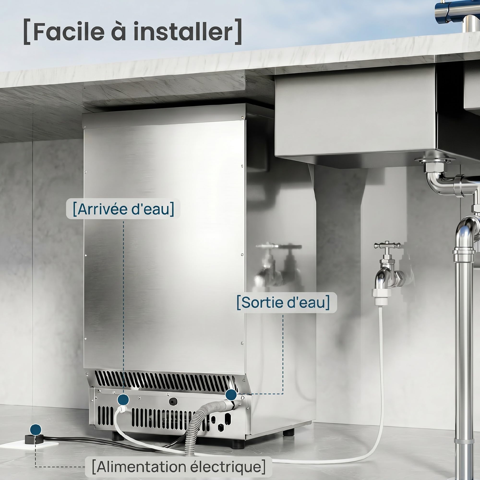 HOMCOM Machine à Glaçons Commerciale 36 kg/24H, Ice Maker Professionnel en inox, 36 Cubes toutes les 10 Minutes, Fonction Nettoyage Automatique, Minuterie, Encastrable ou Pose Libre, Argenté
